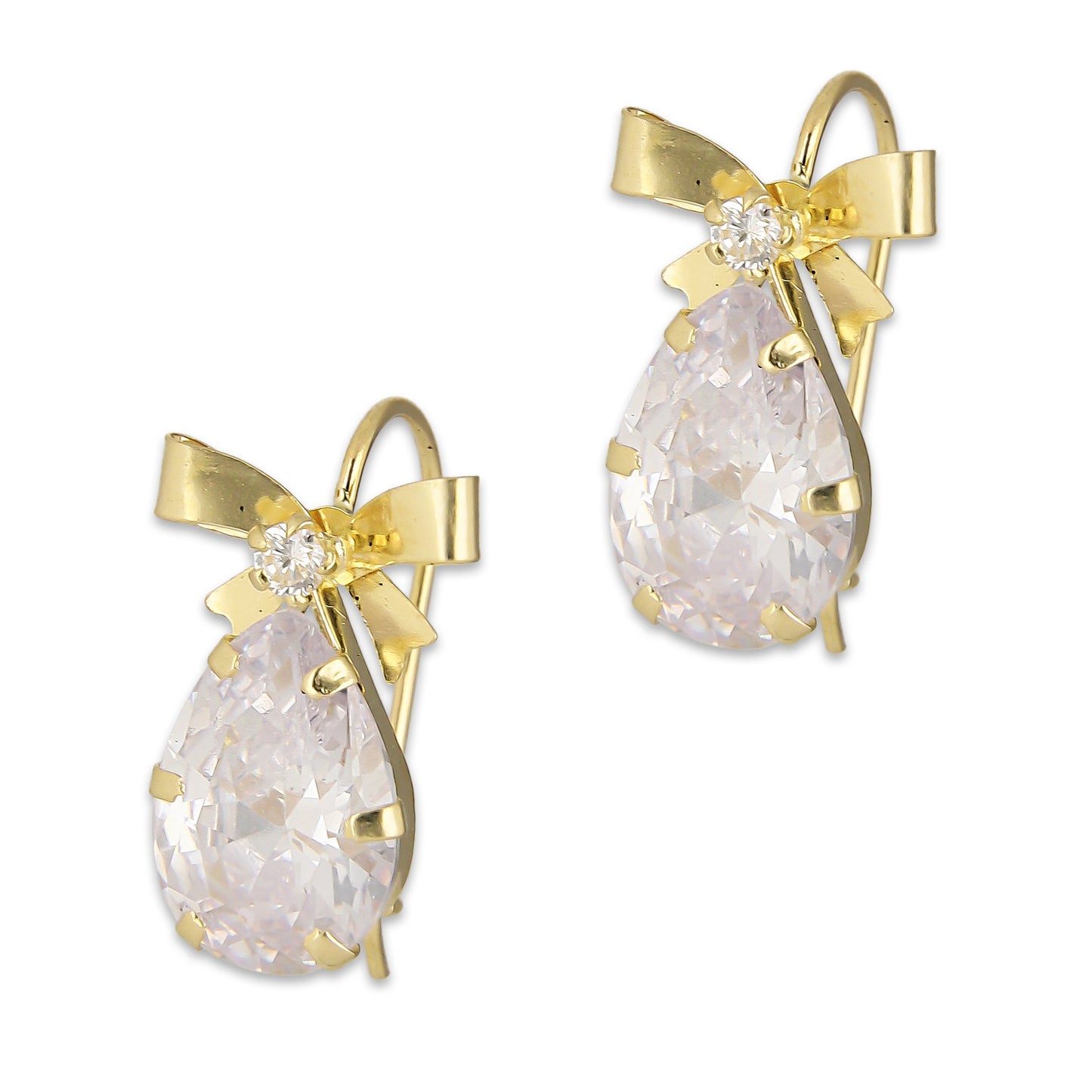LPEAR008 Arete Arillo Oro Sólido 10K Modelo Moñito con Zirconia de Gota Blanca 2530996899