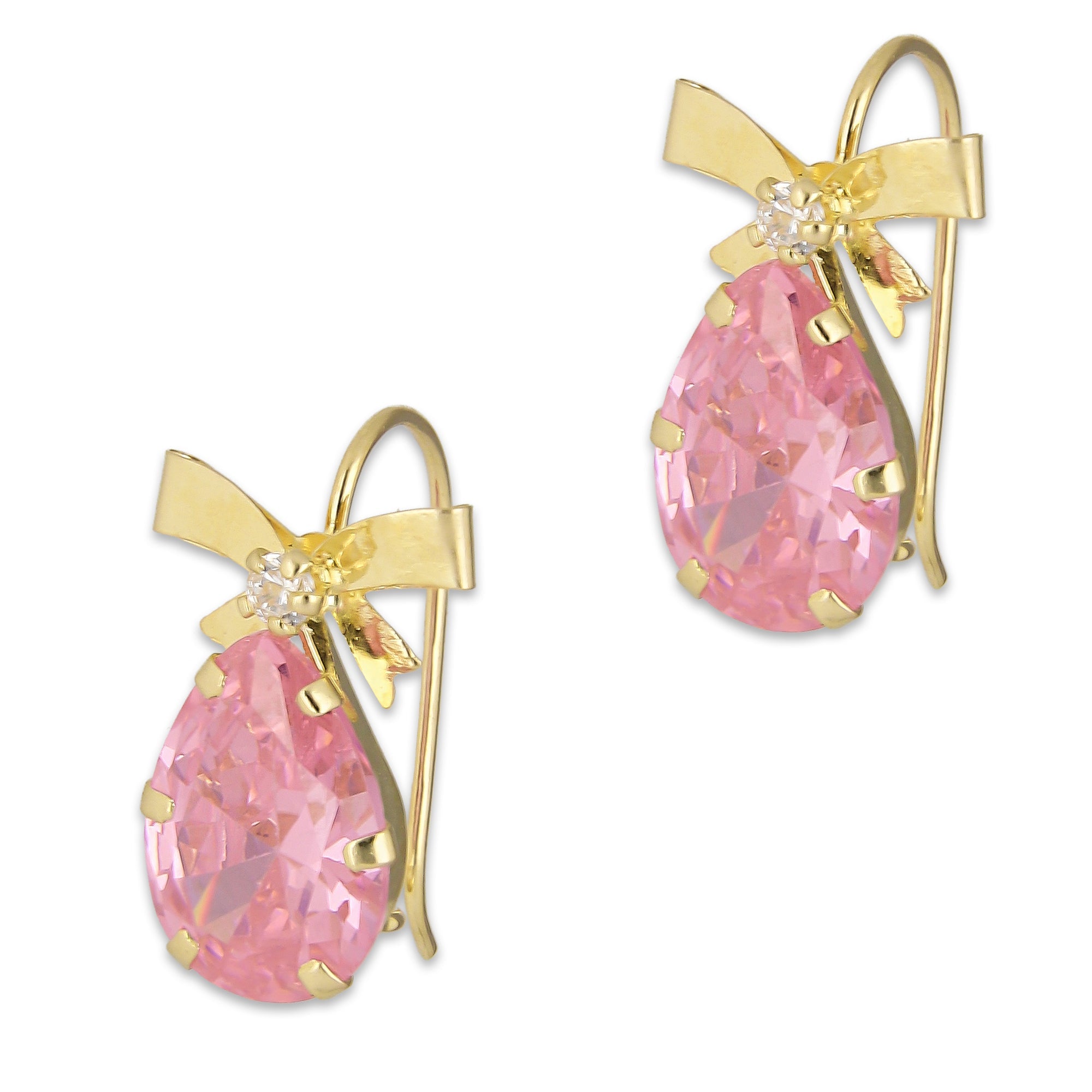 LPEAR009 Arete Arillo Oro Sólido 10K Modelo Moñito con Zirconia de Gota Rosa 2531139165