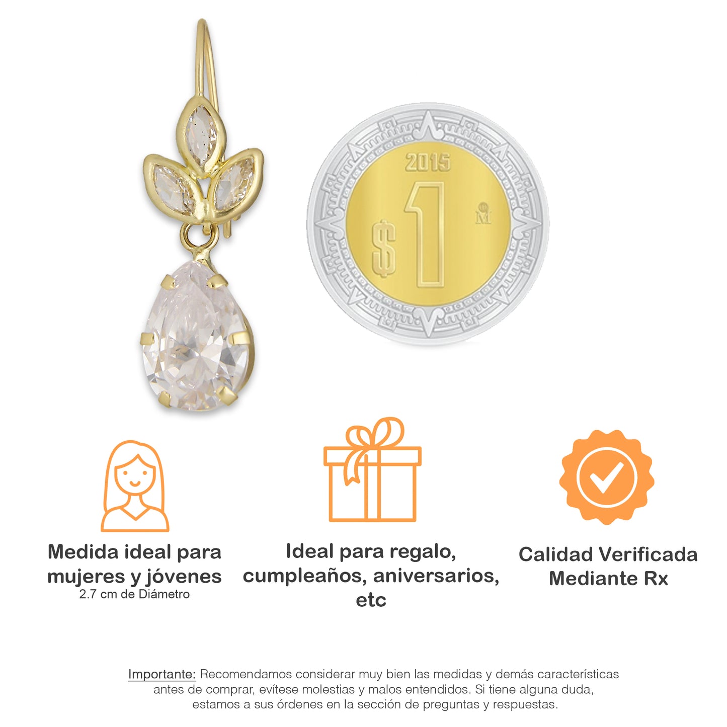 LPEAR010 Arete Arillo Oro Sólido 10K Modelo 3 Hojitas con Zirconia de Gota Blanca 2530971063