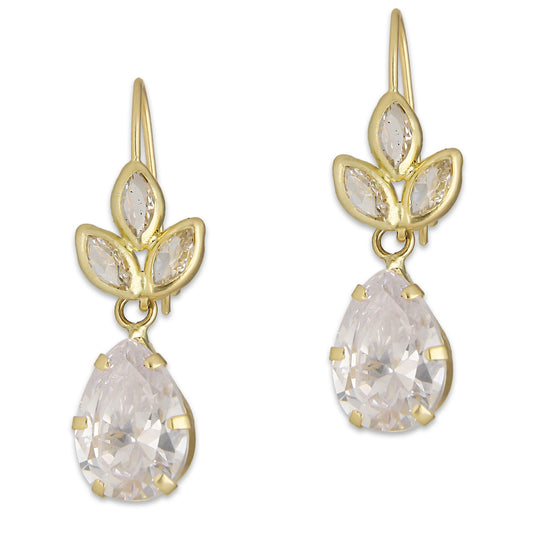 LPEAR010 Arete Arillo Oro Sólido 10K Modelo 3 Hojitas con Zirconia de Gota Blanca 2530971063