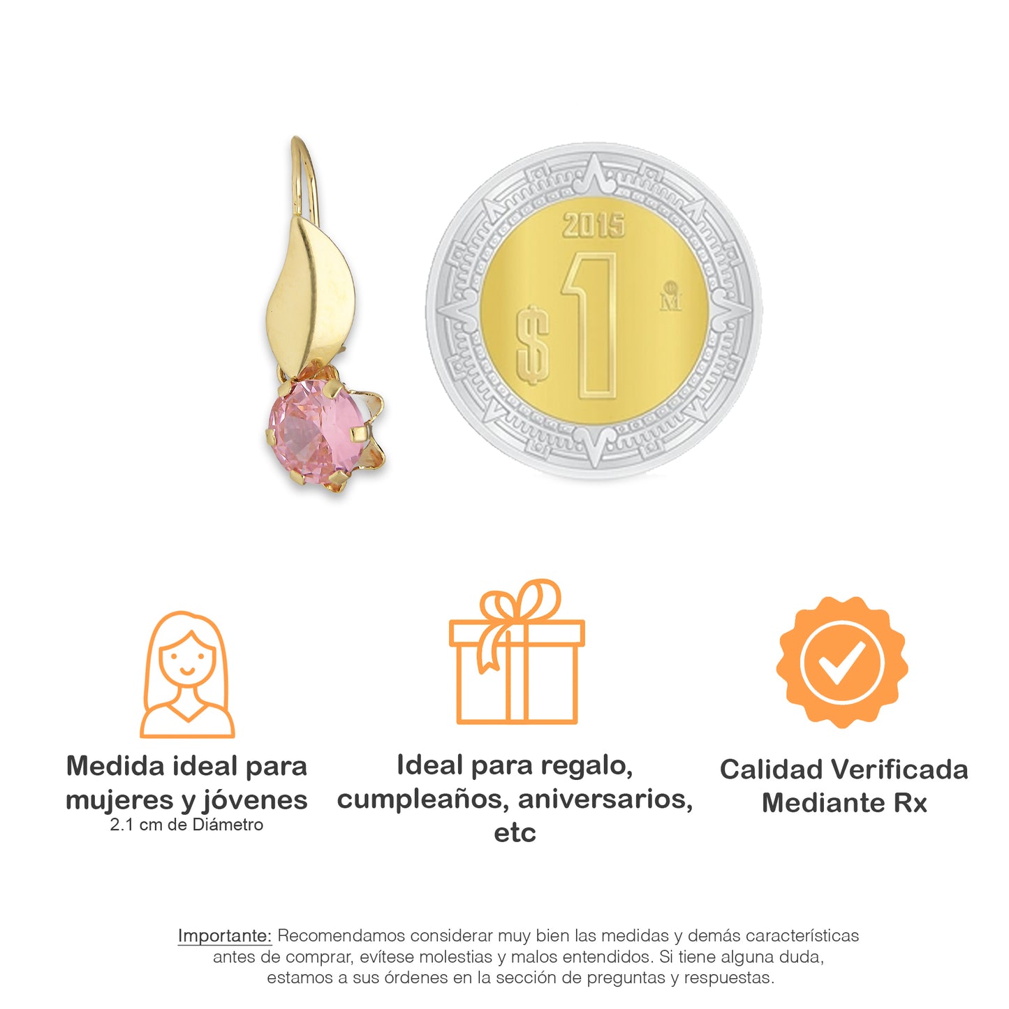 LPEAR012 Arete Arillo Oro Sólido 10K Modelo Hojita Lisa con Zirconia Rosa Redonda Colgante 2530996897