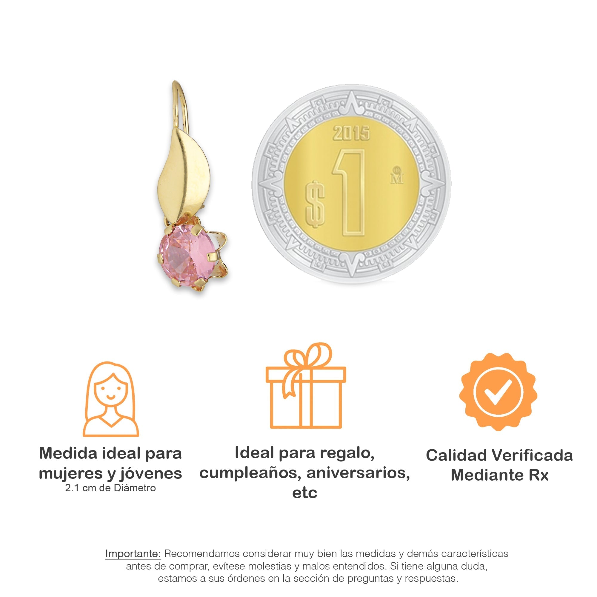 LPEAR012 Arete Arillo Oro Sólido 10K Modelo Hojita Lisa con Zirconia Rosa Redonda Colgante 2530996897
