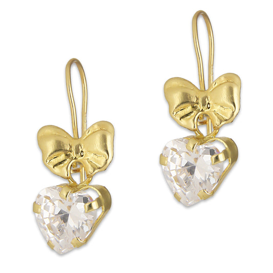LPEAR013 Arete Arillo Oro Sólido 10K Modelo Moñito Troquelado con Zirconia Blanca Corazón Colgante 2531048877