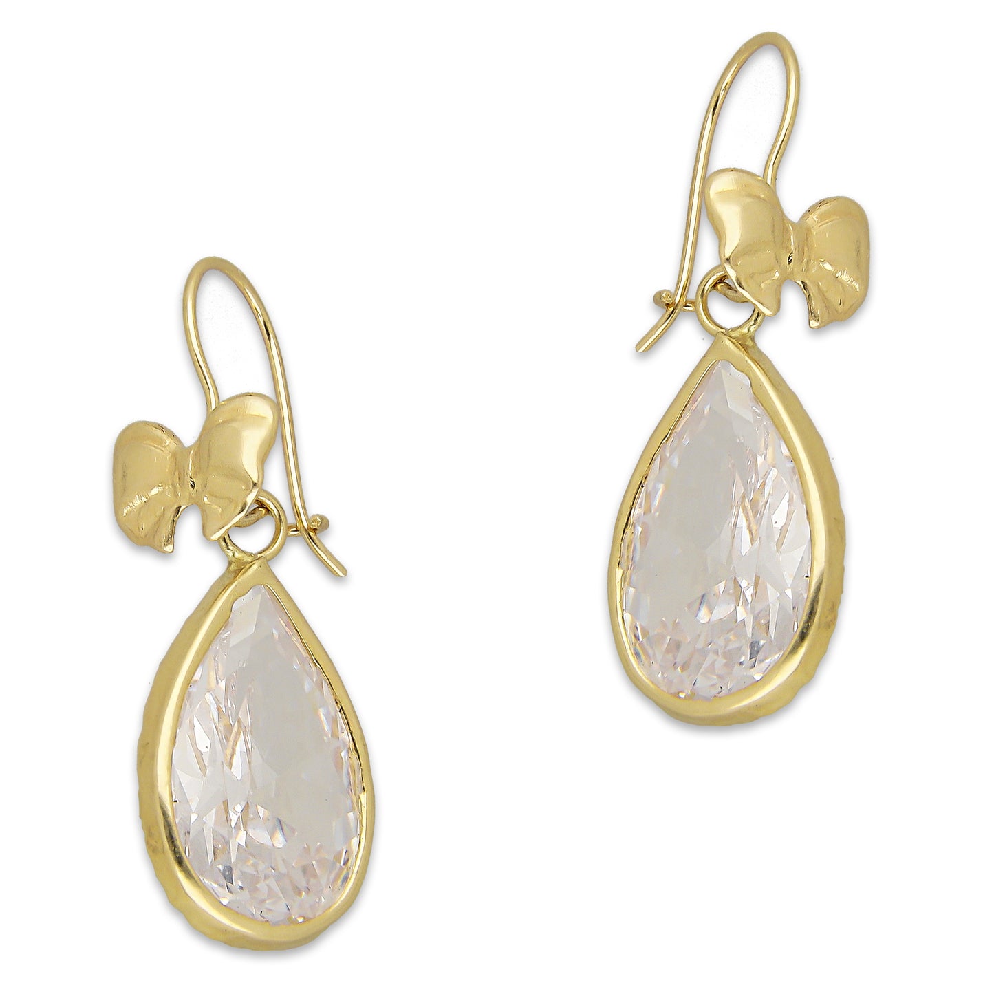 LPEAR017 Arete Arillo Oro Sólido 10K Modelo Moñito Troquelado con Gota de Zirconia Blanca Colgante 2530958523