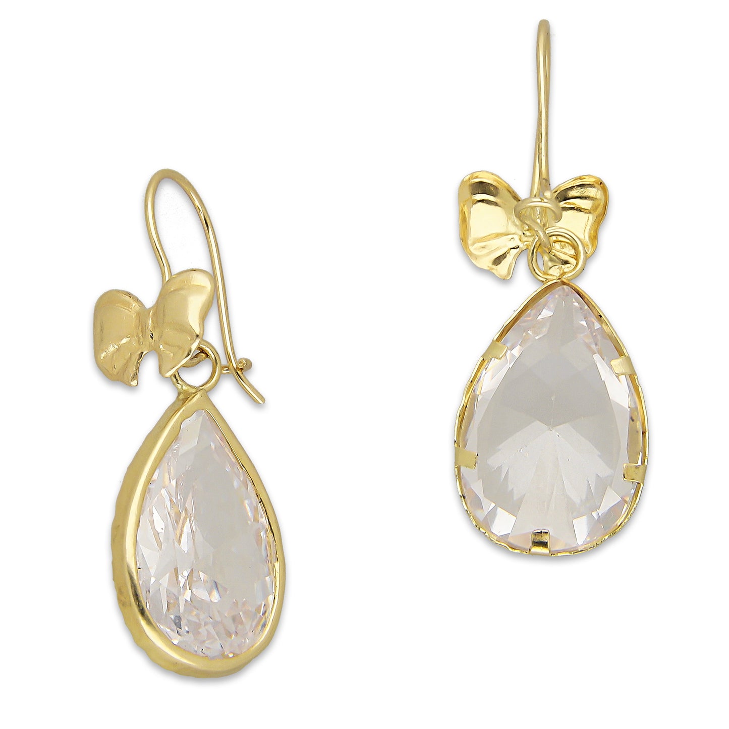 LPEAR017 Arete Arillo Oro Sólido 10K Modelo Moñito Troquelado con Gota de Zirconia Blanca Colgante 2530958523