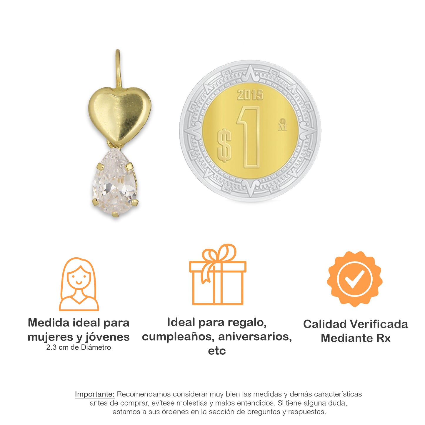 LPEAR018 Arete Arillo Oro Sólido 10K Modelo Corazón Bombeado Liso con Zirconia Blanca de Gota Colgante 2531061773