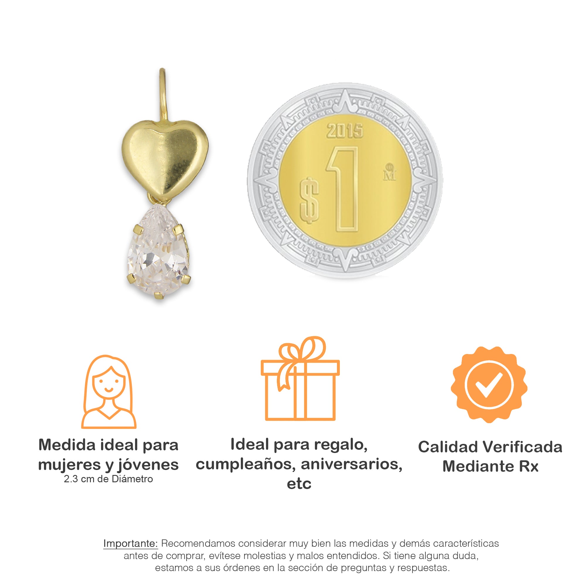 LPEAR018 Arete Arillo Oro Sólido 10K Modelo Corazón Bombeado Liso con Zirconia Blanca de Gota Colgante 2531061773