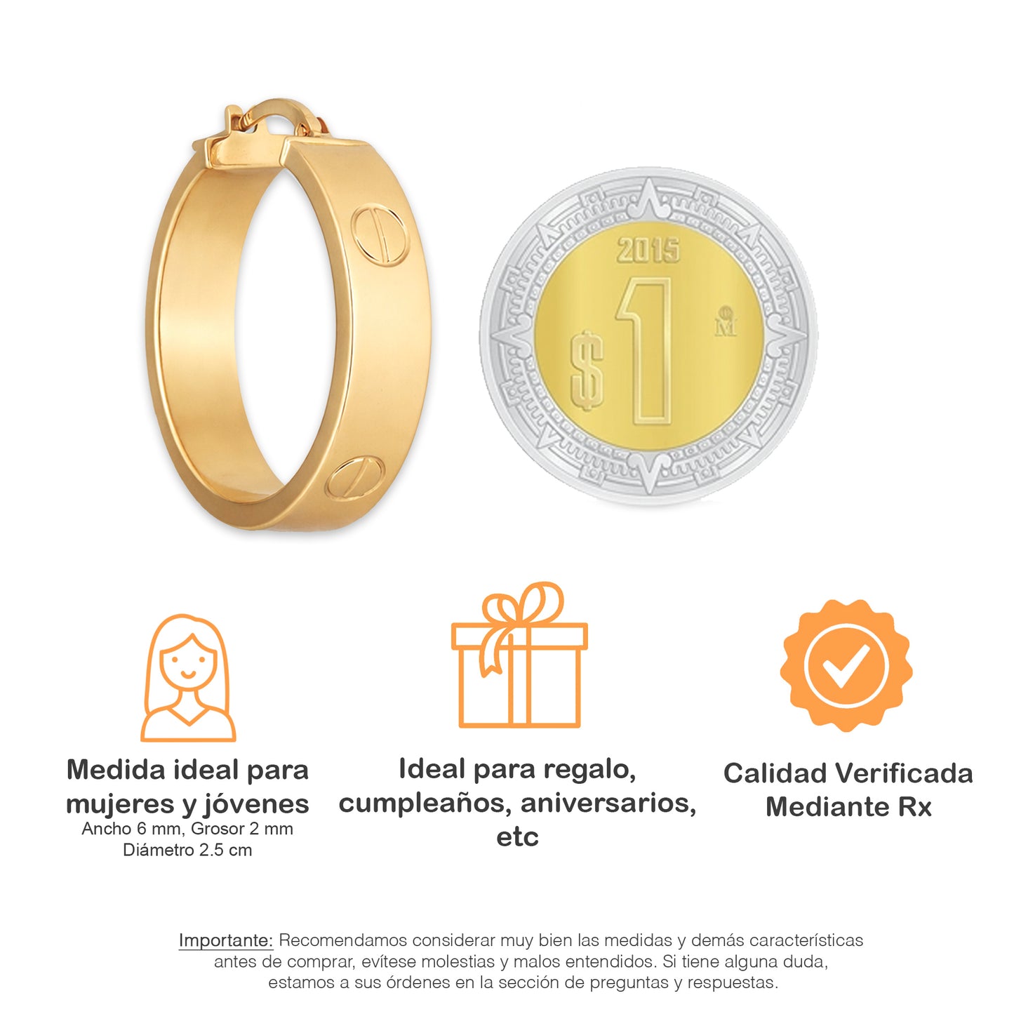 LPEAR024 Arete Arracada Lisa Cart Tornillo en Oro Sólido 10K Ancho 6 mm, Grosor 2 mm, Diámetro 2.5 cm