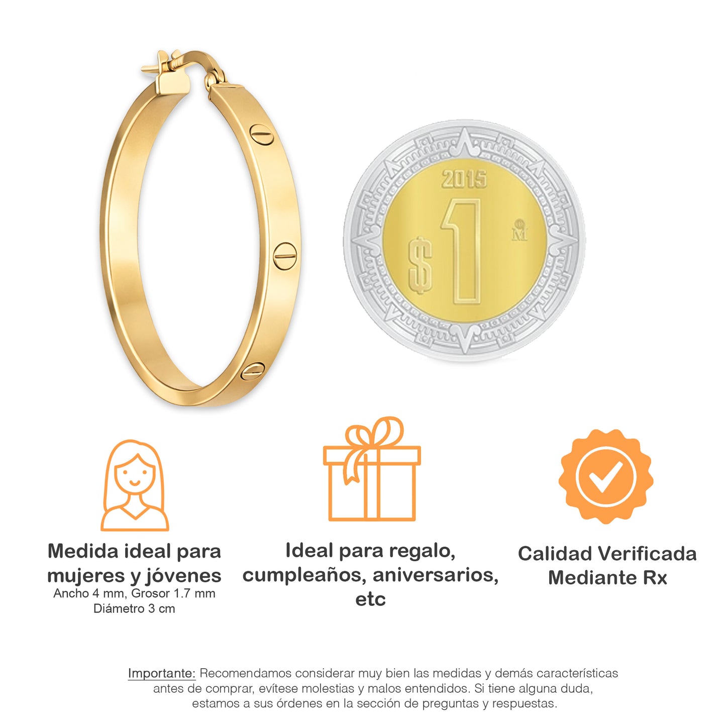 LPEAR025 Arete Arracada Lisa Cart Tornillo en Oro Sólido 10K Ancho 4 mm, Grosor 1.7 mm, Diámetro 3 cm