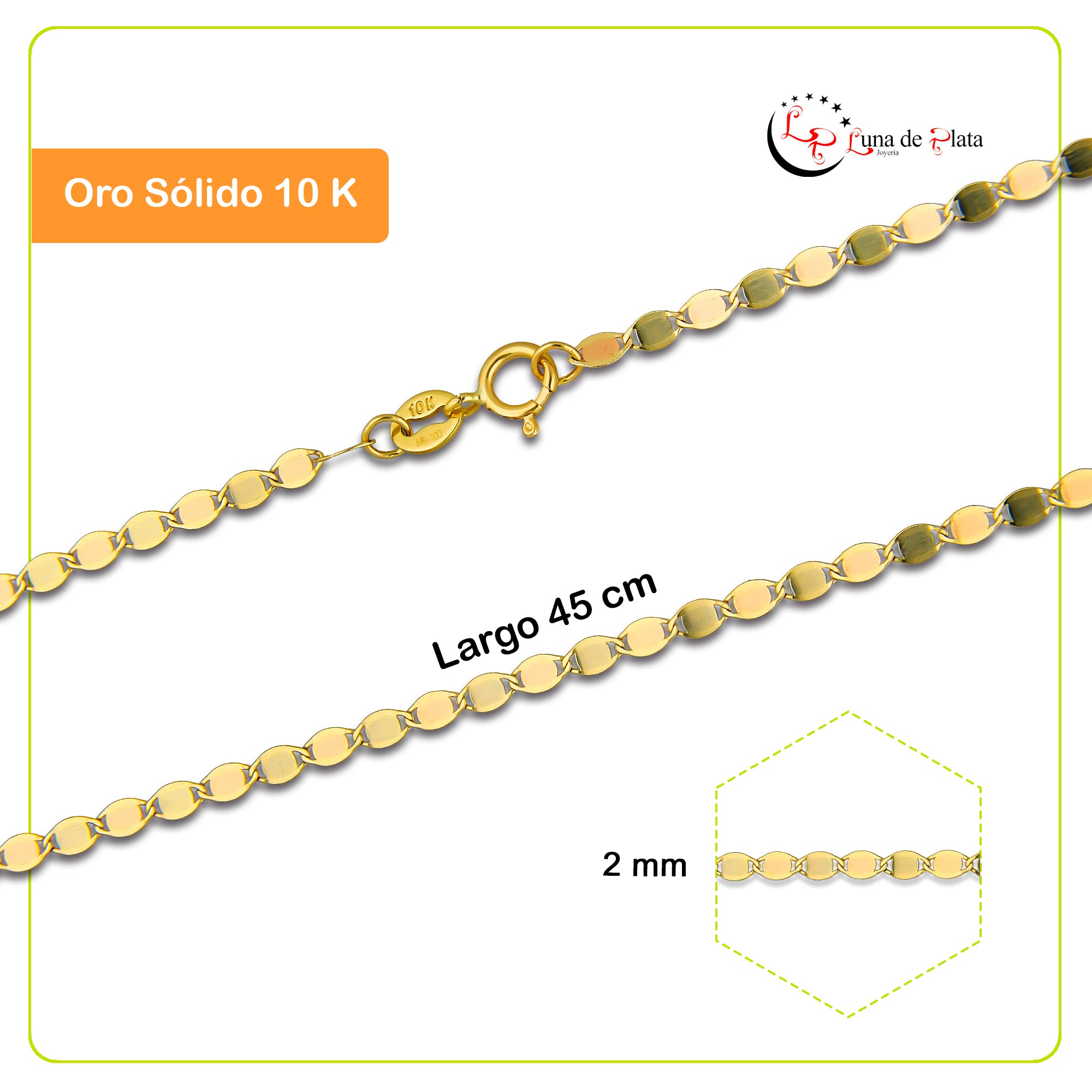 LPECU002-45 Cadena Oro Sólido 10K Florentino Mod Espejo 2 mm x 45 cm 4286631276