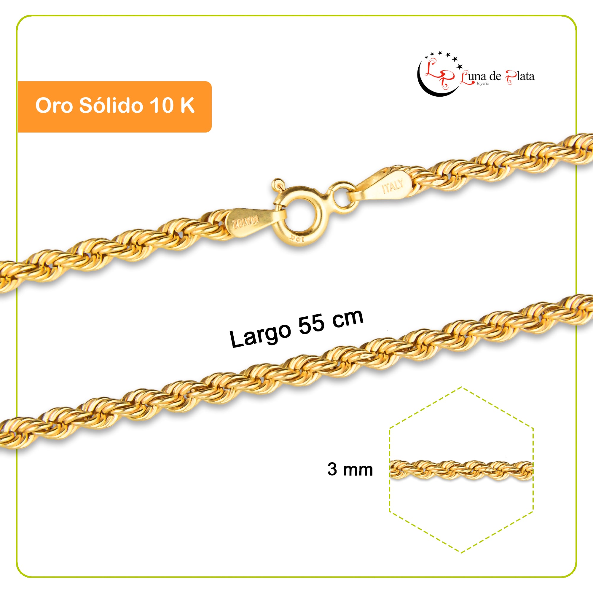 LPECU009-55 Cadena Oro Sólido 10K  Mod Torsal Lisa 3 mm x 55 cm MLM3081313345