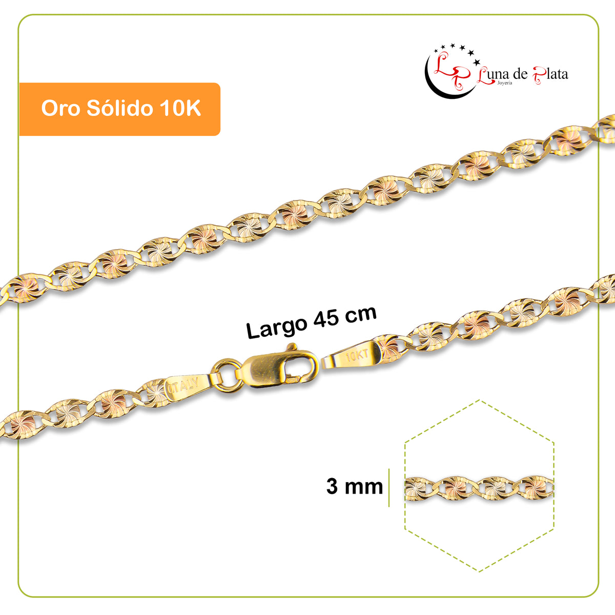 LPECU010-45 Cadena Oro Sólido 10K Florentino Mod Ancla Óvalo Diamantada 3 mm x 45 cm