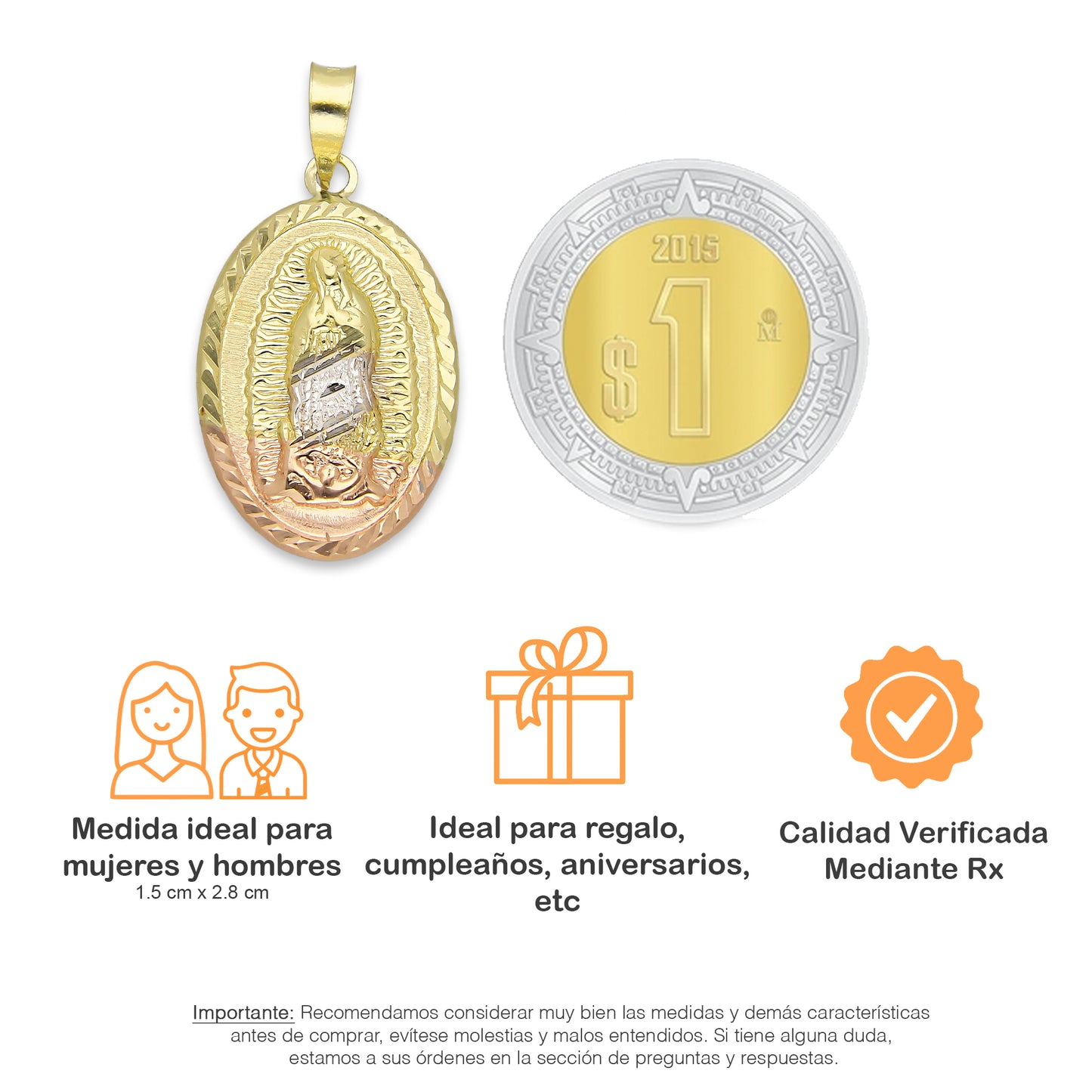 LPEDJ001 Dije Medalla Oval Troquelada Oro Sólido 14K Florentino Virgen de Guadalupe 1.5 cm x 2.8 cm 4287938864