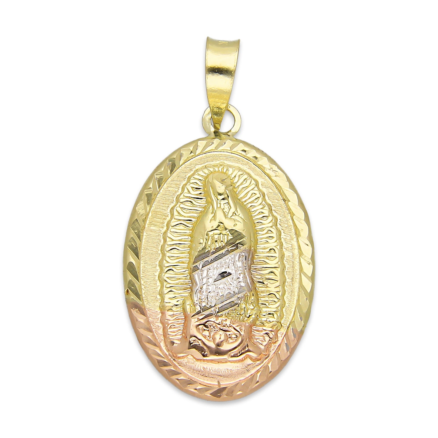 LPEDJ001 Dije Medalla Oval Troquelada Oro Sólido 14K Florentino Virgen de Guadalupe 1.5 cm x 2.8 cm 4287938864
