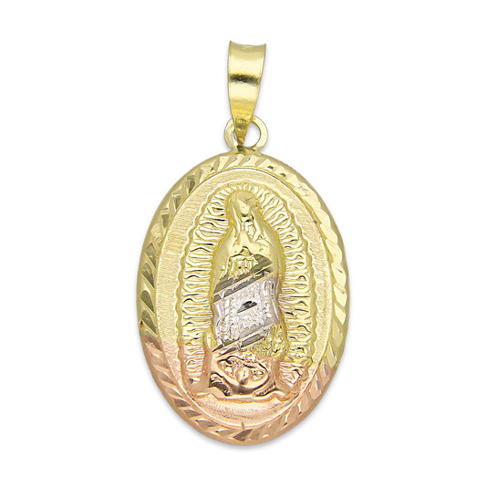 LPEDJ001 Dije Medalla Oval Troquelada Oro Sólido 14K Florentino Virgen de Guadalupe 1.5 cm x 2.8 cm 4287938864