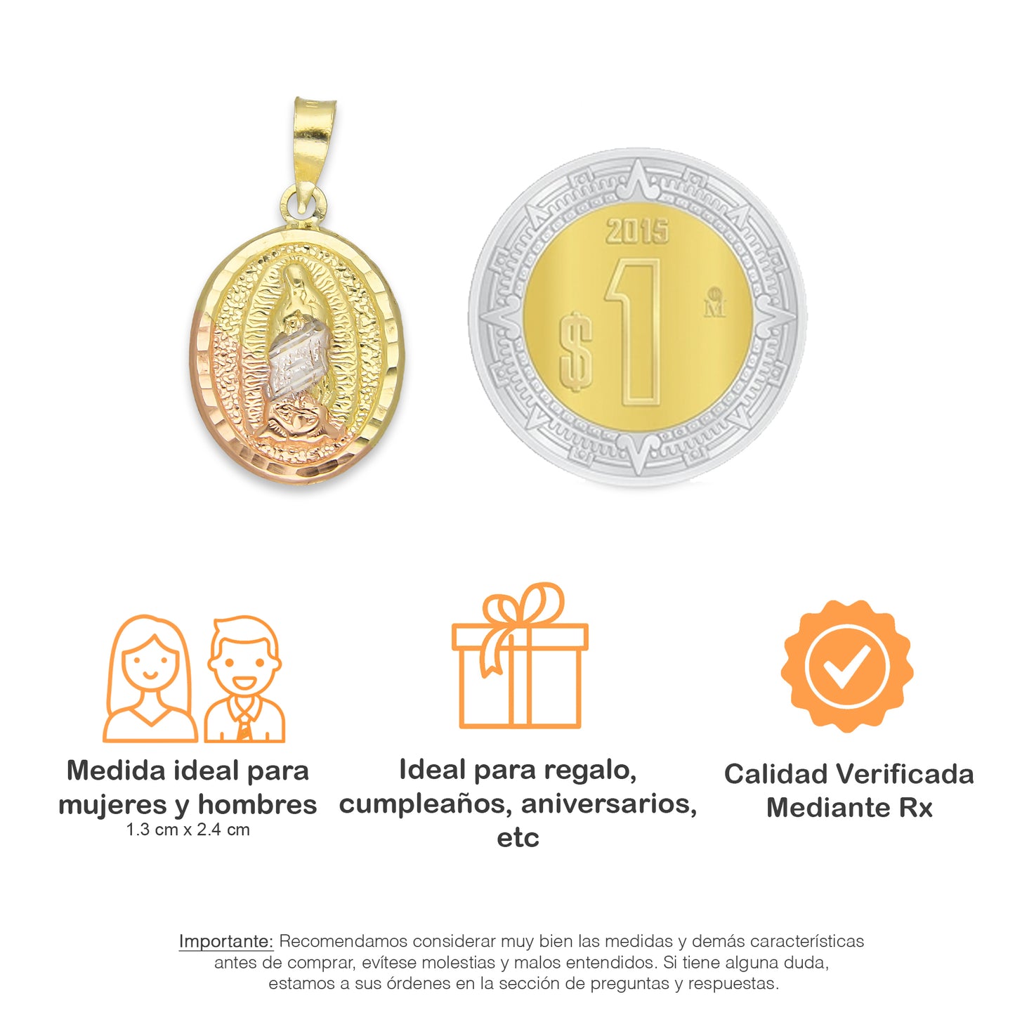 LPEDJ002 Dije Medalla Oval Troquelada Oro Sólido 14K Florentino Virgen de Guadalupe 1.3 cm x 2.4 cm 4287925954