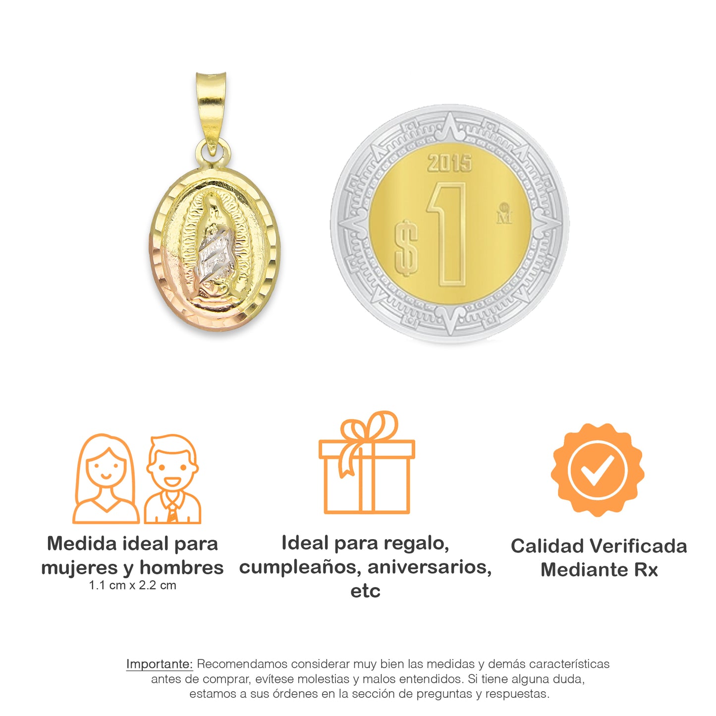 LPEDJ003 Dije Medalla Oval Troquelada Oro Sólido 14K Florentino Virgen de Guadalupe 1.1 cm x 2.2 cm 4287497554