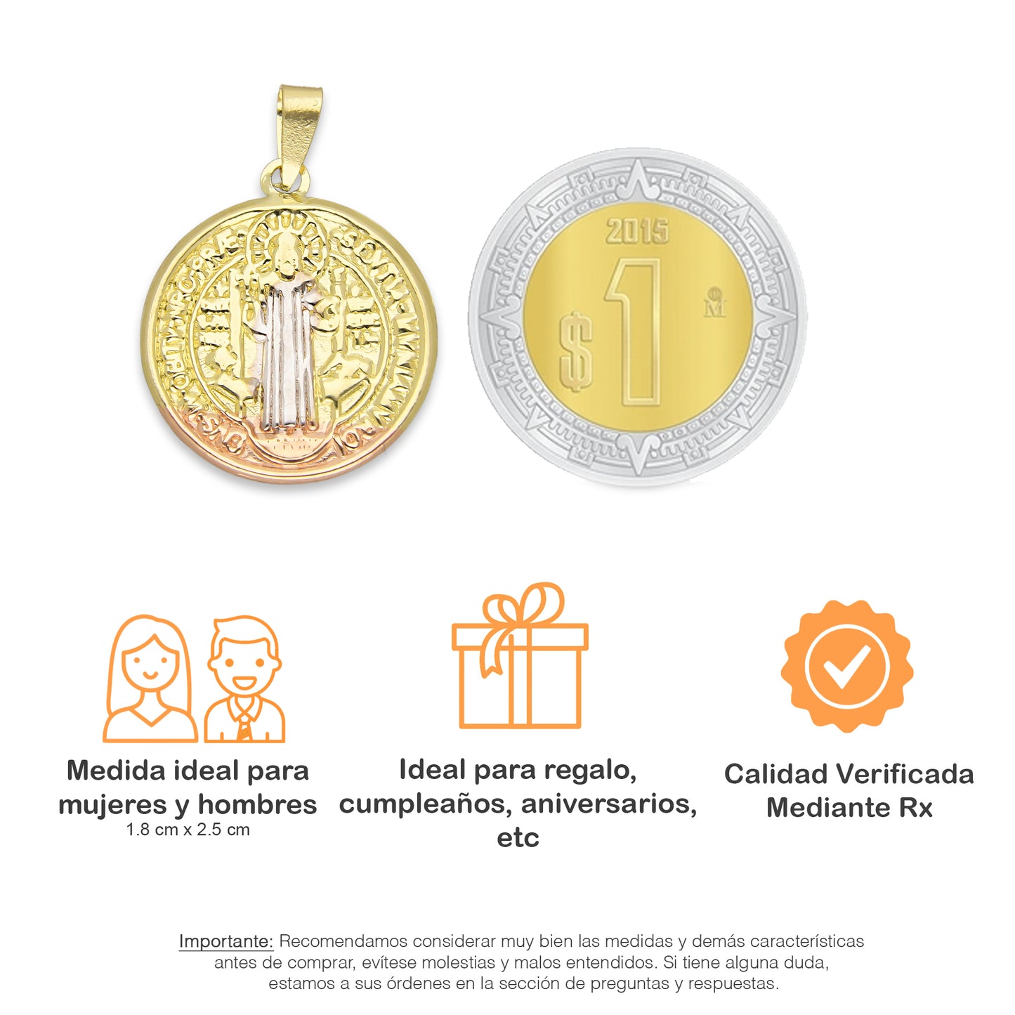 LPEDJ004 Dije Medalla Redonda Troquelada Oro Sólido 14K Florentino San Benito 1.8 cm x 2.5 cm 4287874224