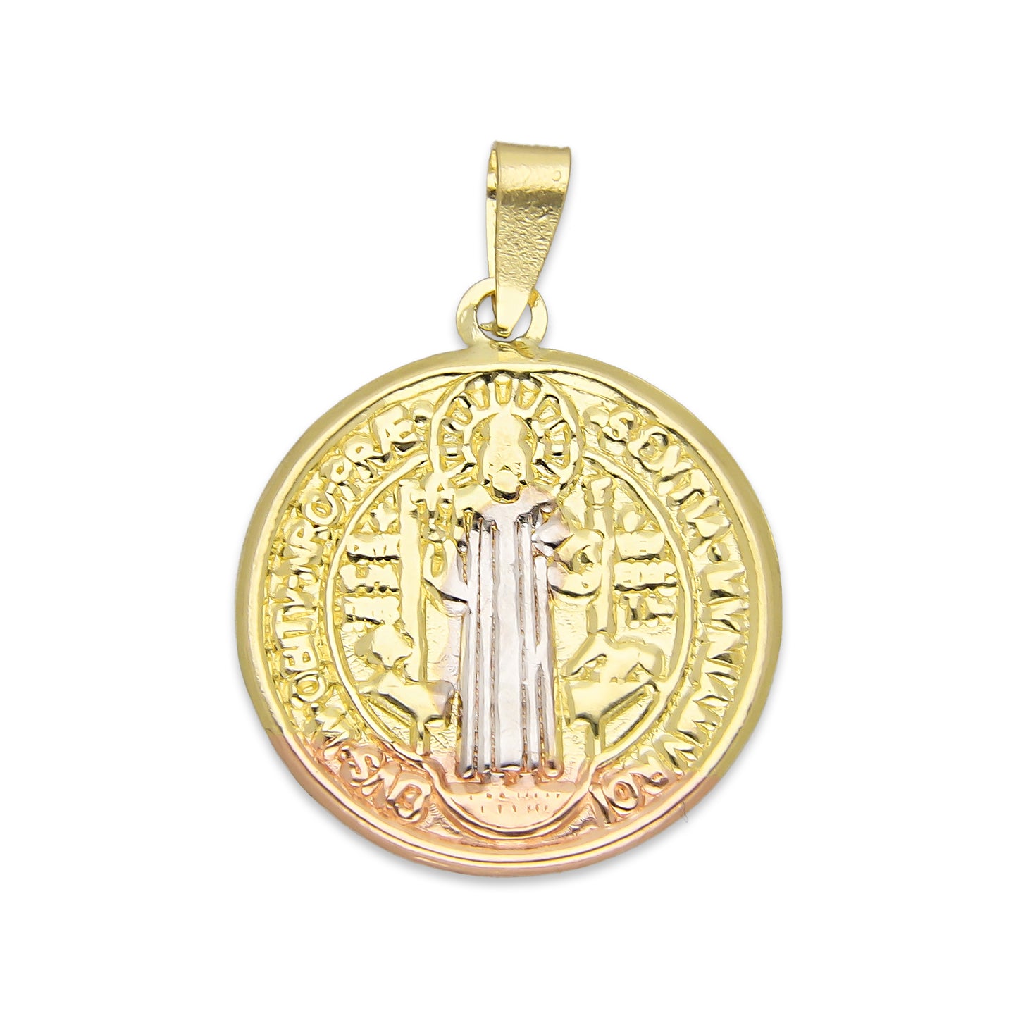 LPEDJ004 Dije Medalla Redonda Troquelada Oro Sólido 14K Florentino San Benito 1.8 cm x 2.5 cm 4287874224