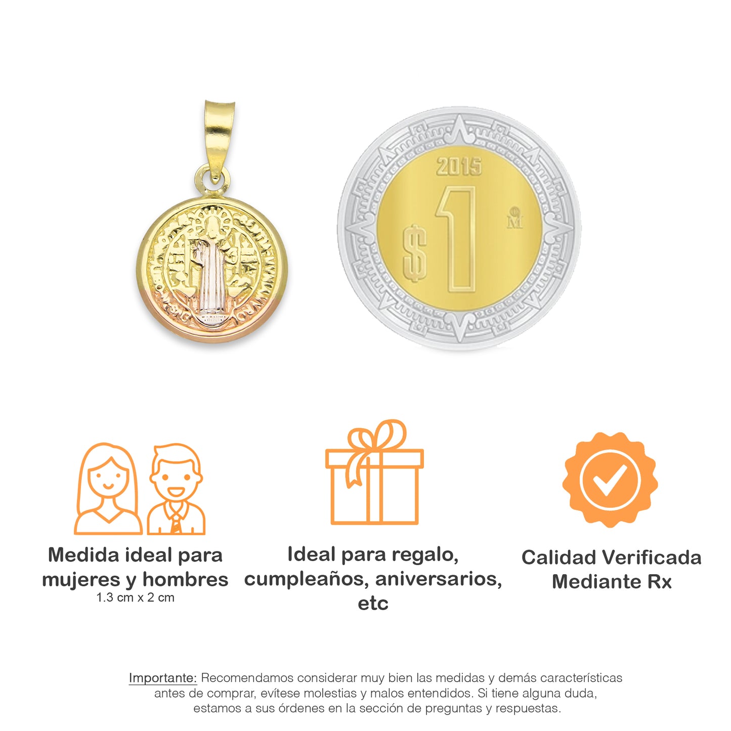 LPEDJ005 Dije Medalla Redonda Troquelada Oro Sólido 14K Florentino San Benito 1.3 cm x 2 cm 4287238066