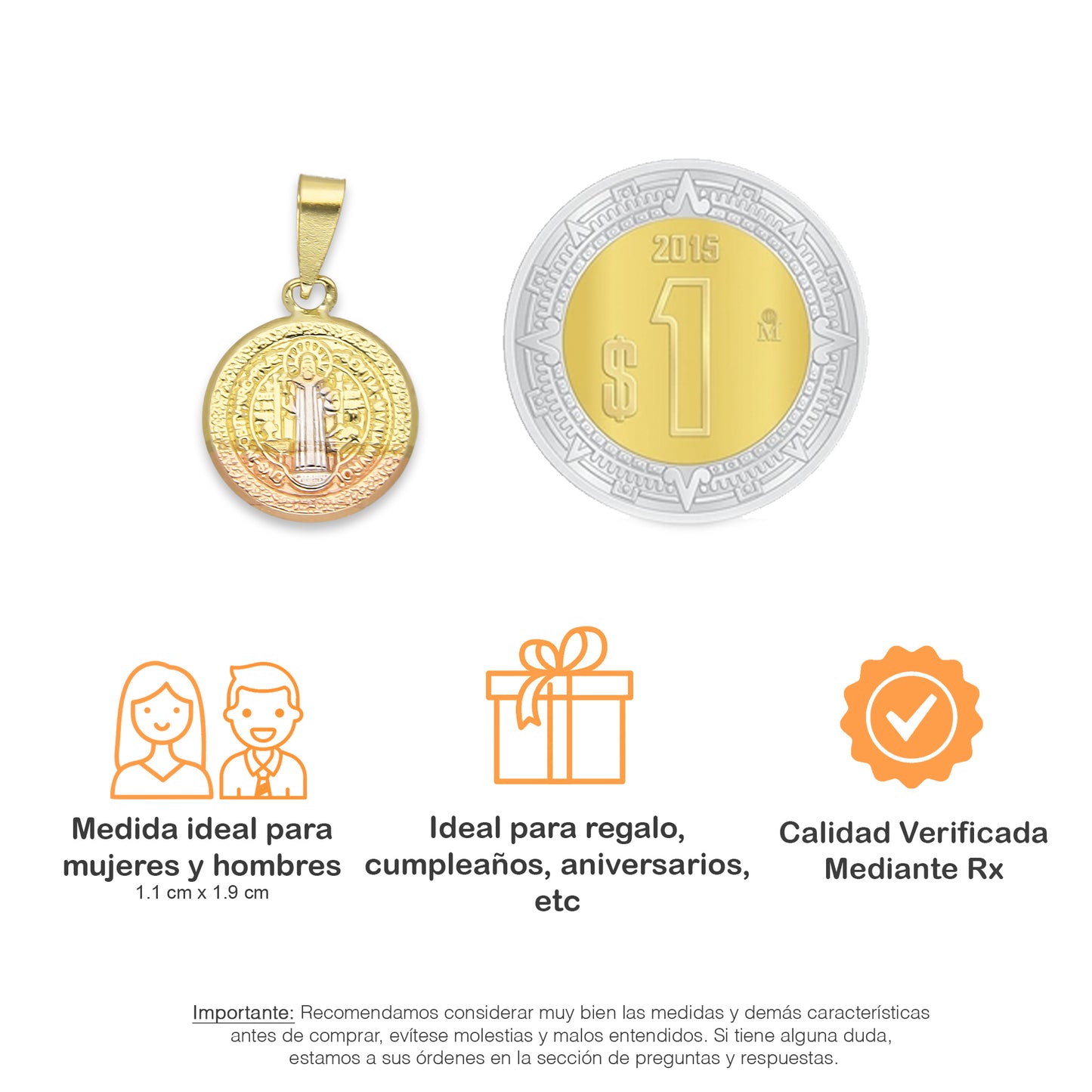 LPEDJ006 Dije Medalla Redonda Troquelada Oro Sólido 14K Florentino San Benito 1.1 cm x 1.9 cm 4287238062