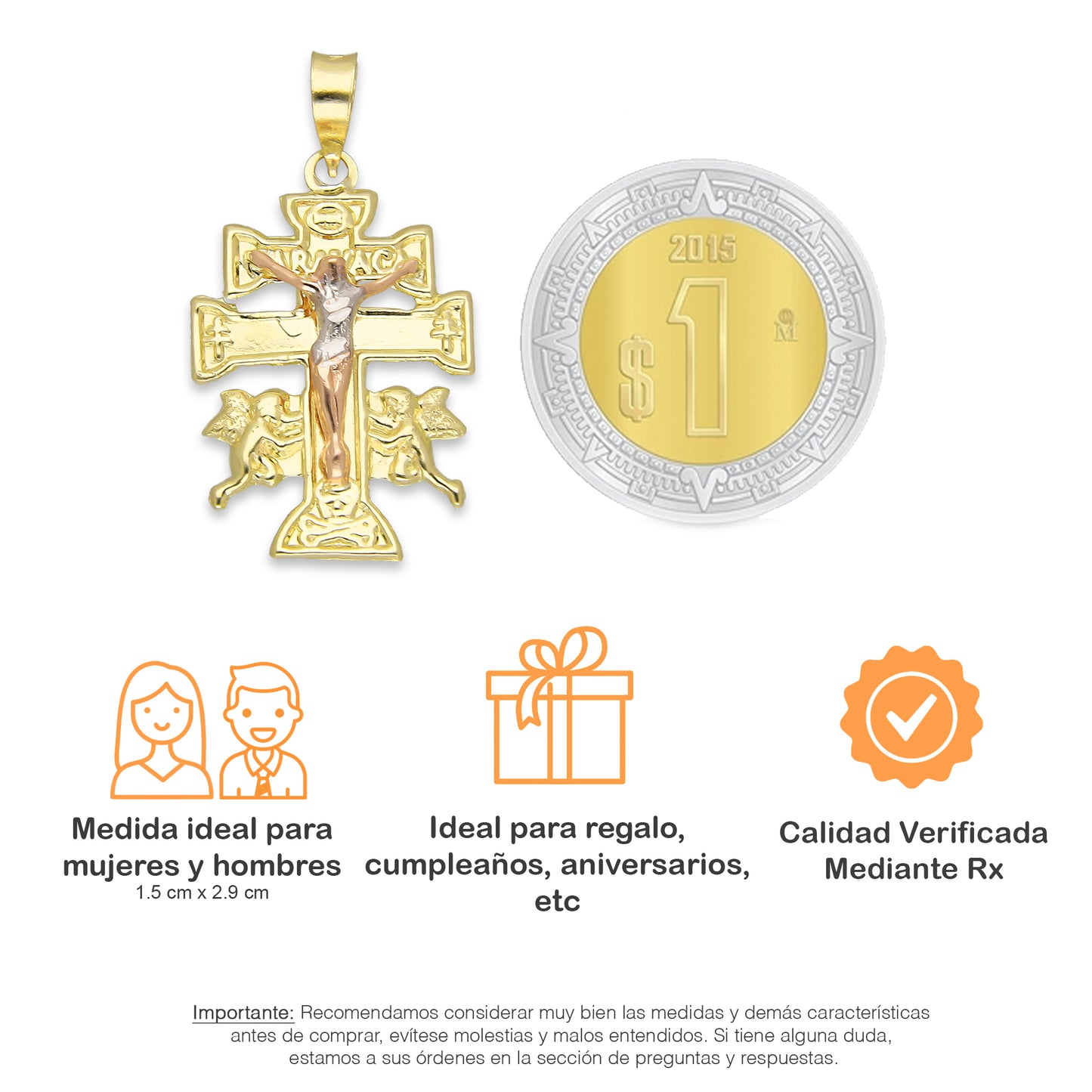 LPEDJ008 Dije Troquelado Oro Sólido 14K Florentino Crucifijo Cruz Caravaca 1.5 cm x 2.9 cm 2531193659