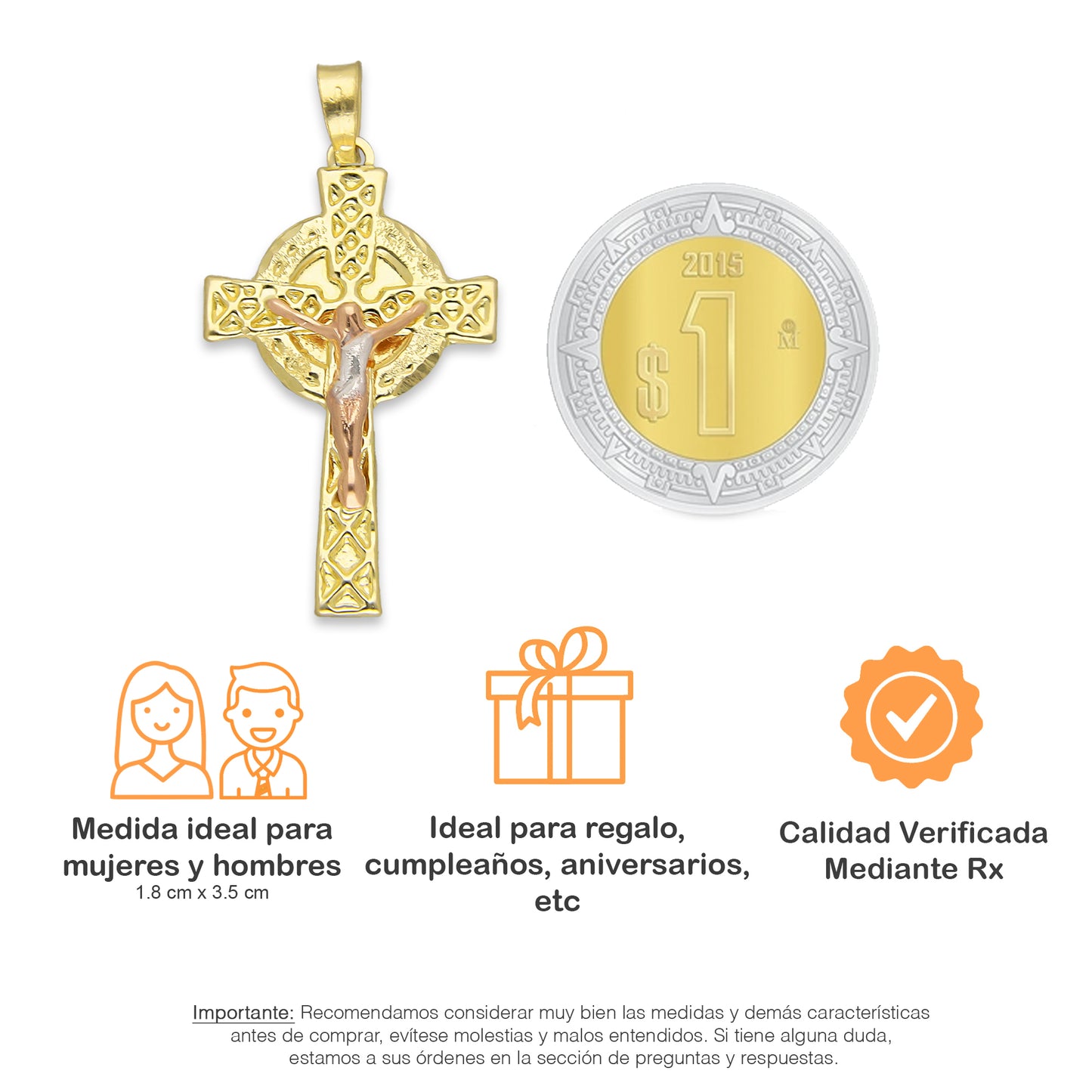 LPEDJ009 Dije Troquelado Oro Sólido 14K Florentino Crucifijo Cruz Celta con Cristo 1.8 cm x 3.5 cm 4287913150