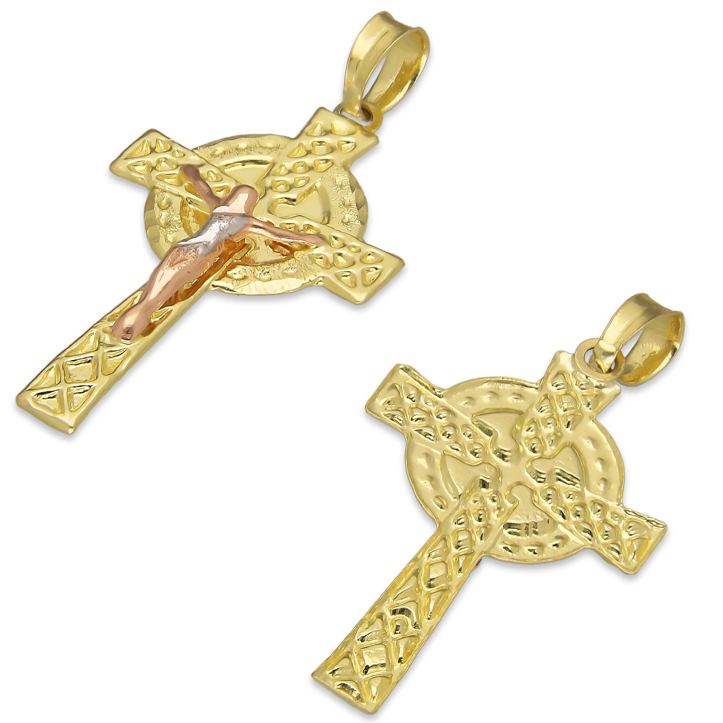 LPEDJ009 Dije Troquelado Oro Sólido 14K Florentino Crucifijo Cruz Celta con Cristo 1.8 cm x 3.5 cm 4287913150