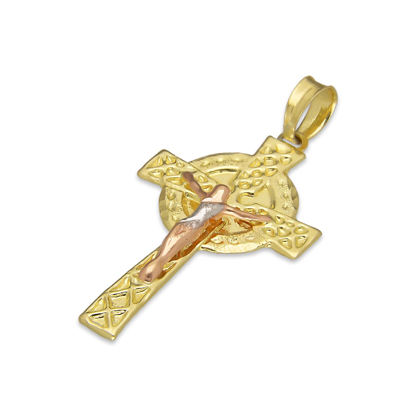 LPEDJ009 Dije Troquelado Oro Sólido 14K Florentino Crucifijo Cruz Celta con Cristo 1.8 cm x 3.5 cm 4287913150
