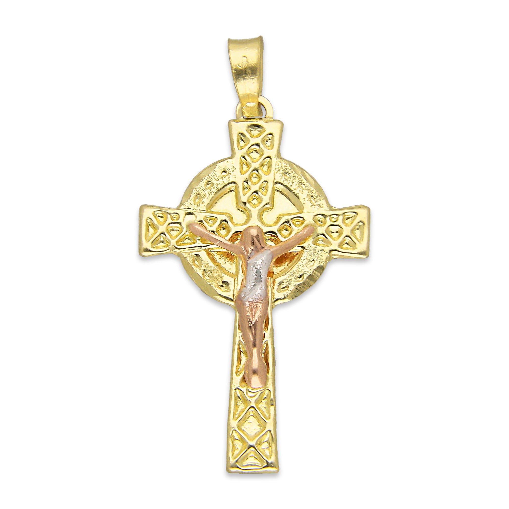 LPEDJ009 Dije Troquelado Oro Sólido 14K Florentino Crucifijo Cruz Celta con Cristo 1.8 cm x 3.5 cm 4287913150