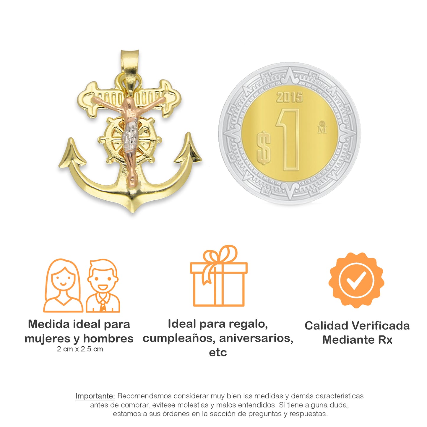 LPEDJ010 Dije Troquelado Oro Sólido 14K Florentino Crucifijo Ancla con Cristo 2 cm x 2.5 cm 4287964550