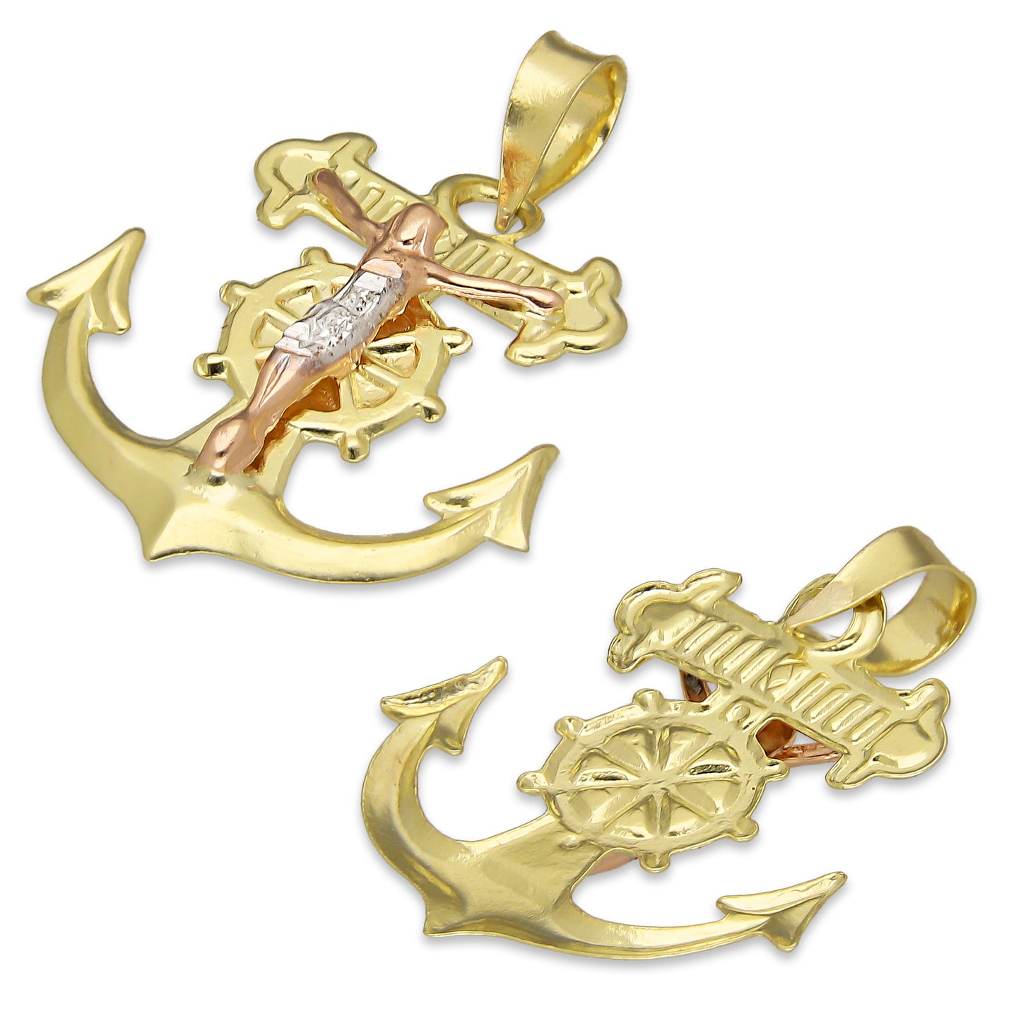 LPEDJ010 Dije Troquelado Oro Sólido 14K Florentino Crucifijo Ancla con Cristo 2 cm x 2.5 cm 4287964550