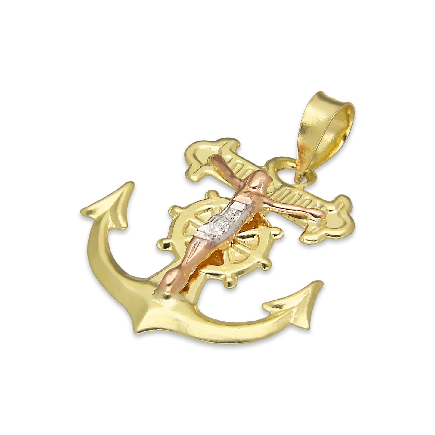 LPEDJ010 Dije Troquelado Oro Sólido 14K Florentino Crucifijo Ancla con Cristo 2 cm x 2.5 cm 4287964550