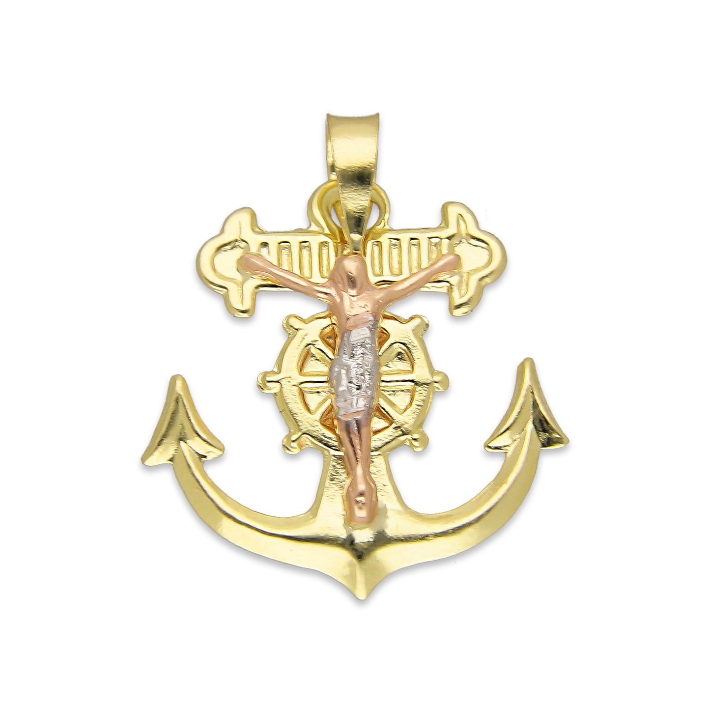 LPEDJ010 Dije Troquelado Oro Sólido 14K Florentino Crucifijo Ancla con Cristo 2 cm x 2.5 cm 4287964550