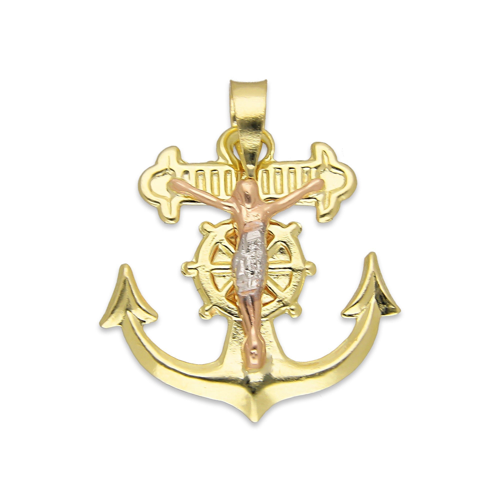 LPEDJ010 Dije Troquelado Oro Sólido 14K Florentino Crucifijo Ancla con Cristo 2 cm x 2.5 cm 4287964550