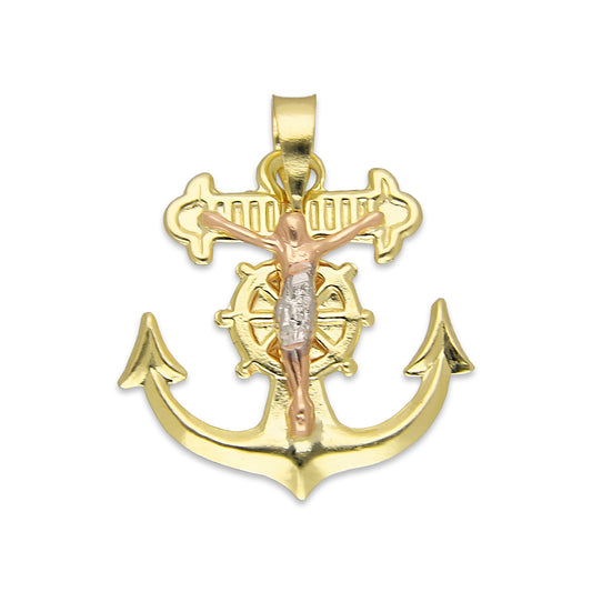 LPEDJ010 Dije Troquelado Oro Sólido 14K Florentino Crucifijo Ancla con Cristo 2 cm x 2.5 cm 4287964550