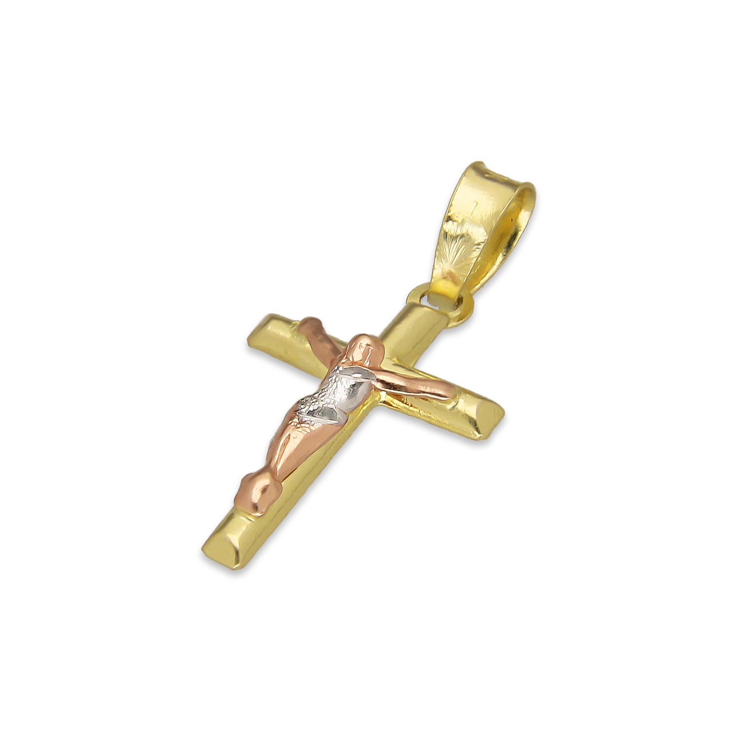 LPEDJ011 Dije Troquelado Oro Sólido 14K Florentino Crucifijo Cruz Media Caña con Cristo 1.2 cm x 2.5 cm 4287484550