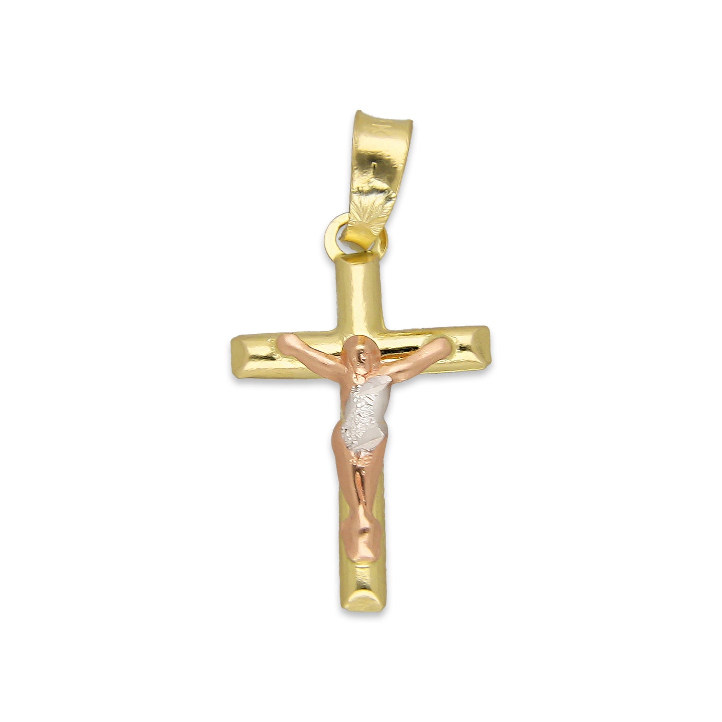 LPEDJ011 Dije Troquelado Oro Sólido 14K Florentino Crucifijo Cruz Media Caña con Cristo 1.2 cm x 2.5 cm 4287484550