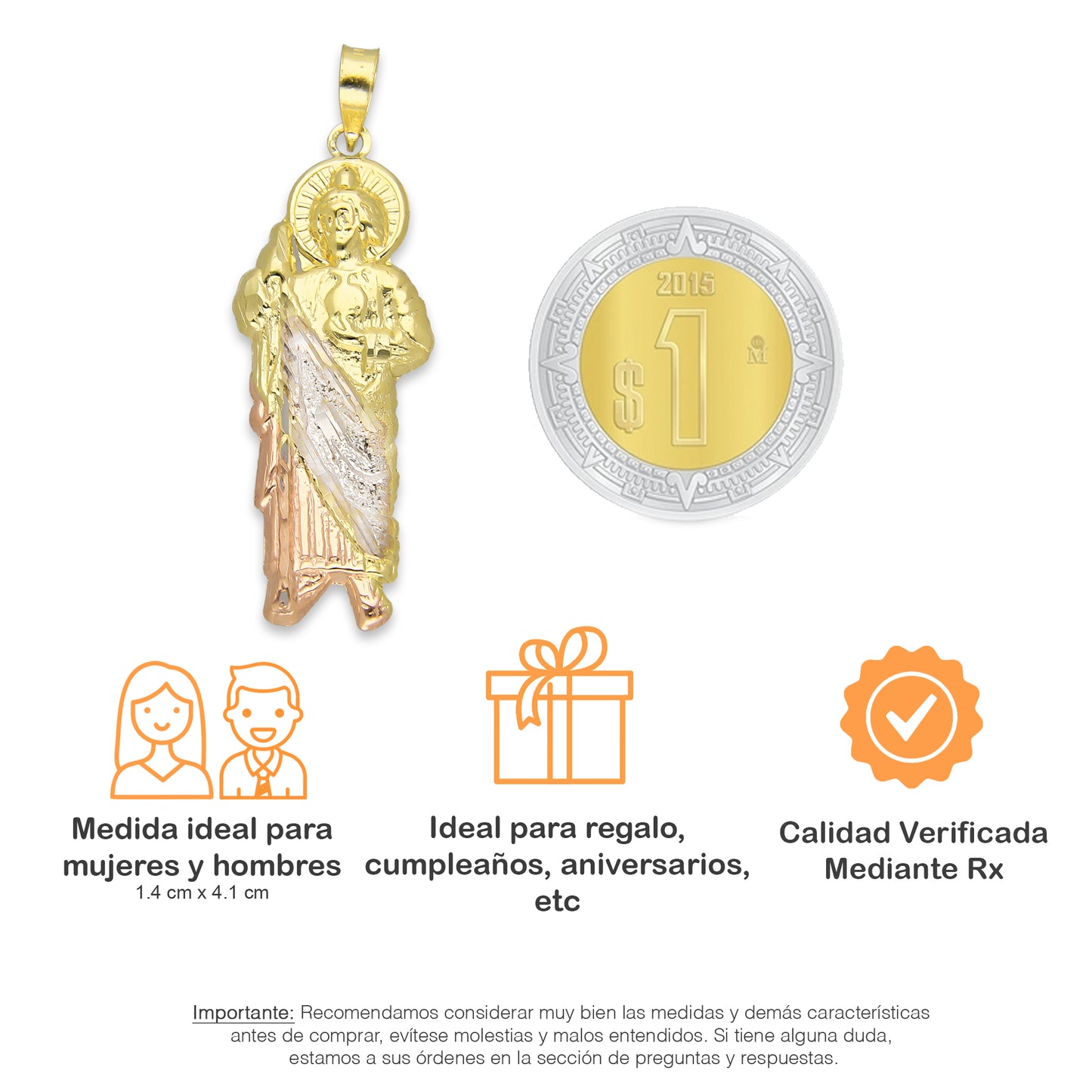 LPEDJ014 Dije Troquelado Oro Sólido 14K Florentino San Judas Tadeo 1.4 cm x 4.1 cm 4287925950