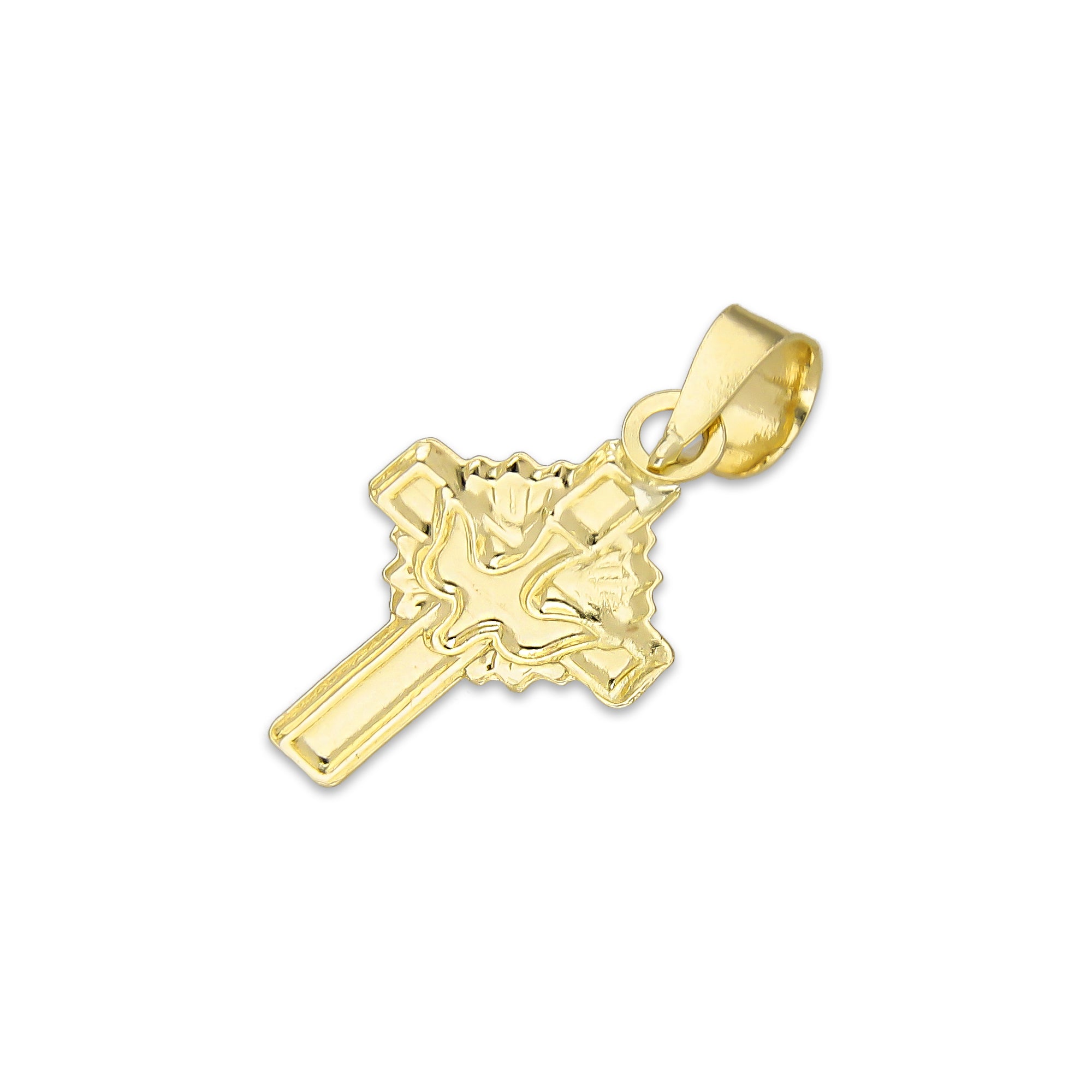 LPEDJ019 Dije Troquelado Oro Sólido 14K Florentino Mini Crucifijo Espiritu Santo 1 cm x 2.2 cm
