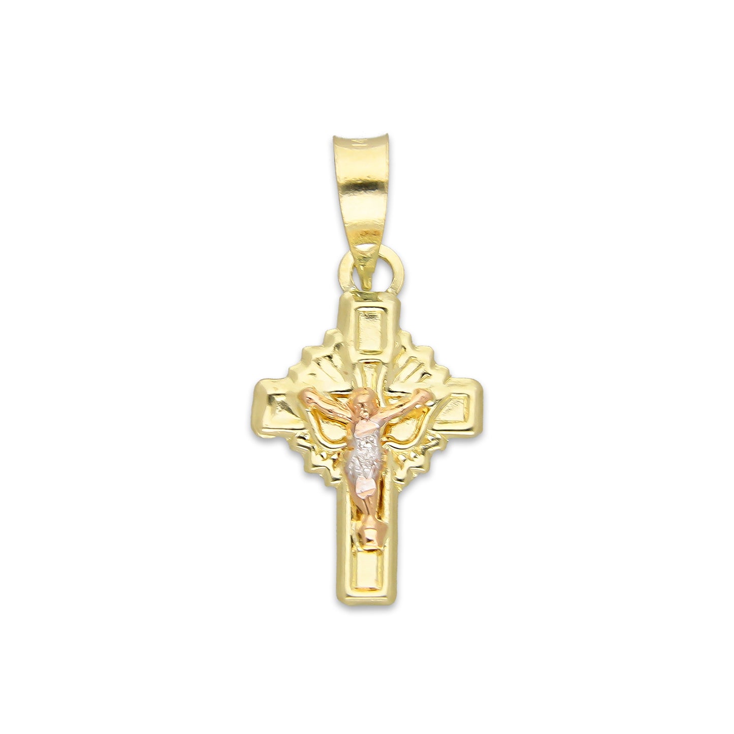 LPEDJ019 Dije Troquelado Oro Sólido 14K Florentino Mini Crucifijo Espiritu Santo 1 cm x 2.2 cm