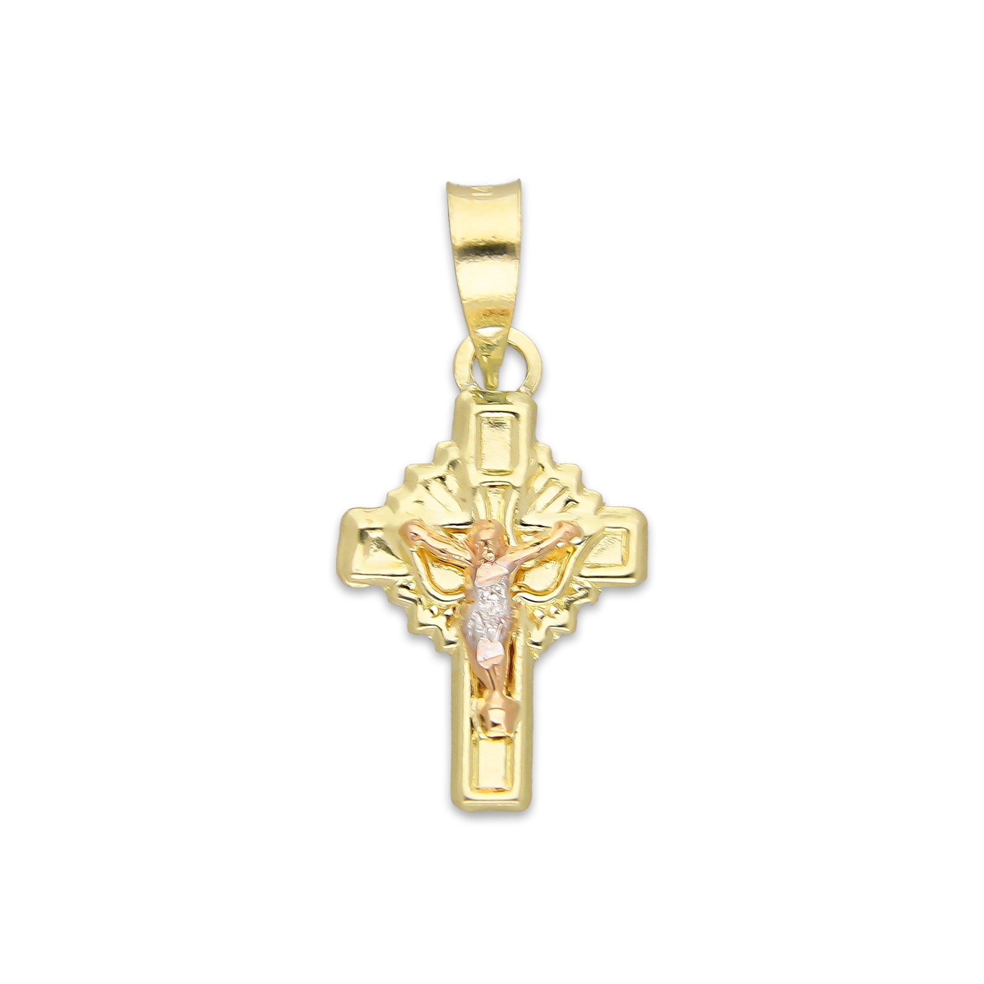 LPEDJ019 Dije Troquelado Oro Sólido 14K Florentino Mini Crucifijo Espiritu Santo 1 cm x 2.2 cm