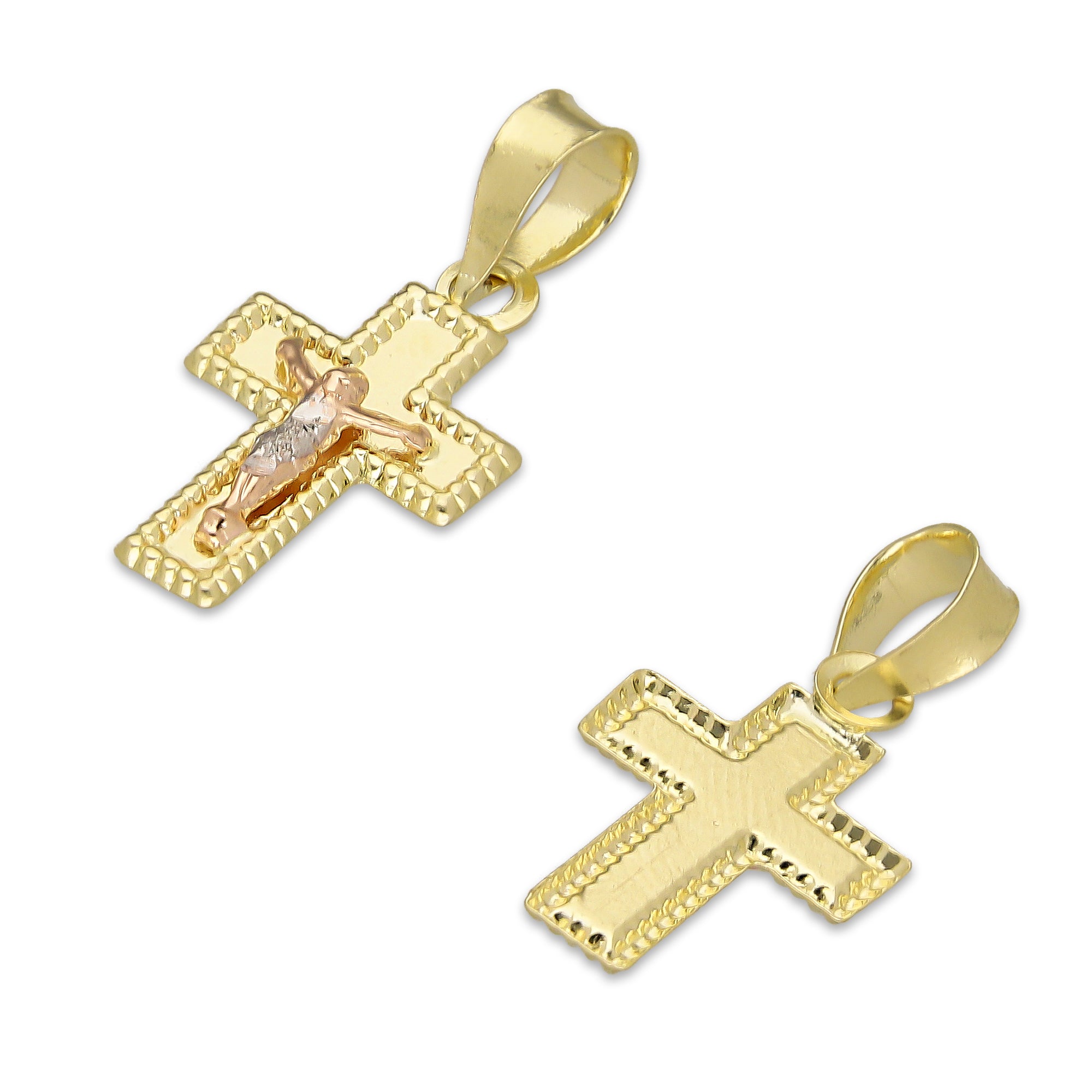 LPEDJ020 Dije Troquelado Oro Sólido 14K Florentino Mini Crucifijo Perl 9.5 mm x 2.1 cm