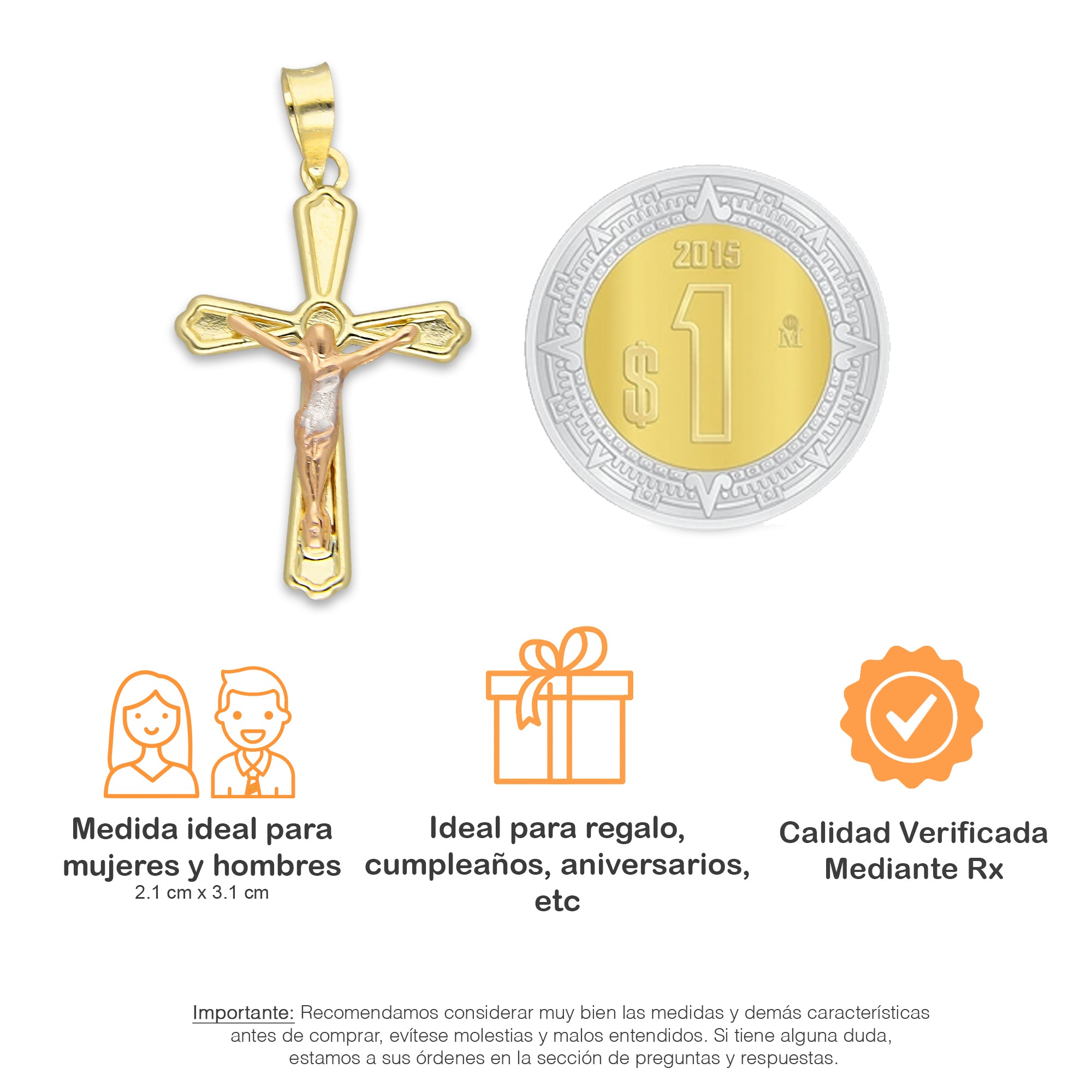 LPEDJ022 Dije Troquelado Oro Sólido 14K Florentino Crucifijo Slim Grande 2.1 cm x 3.1 cm