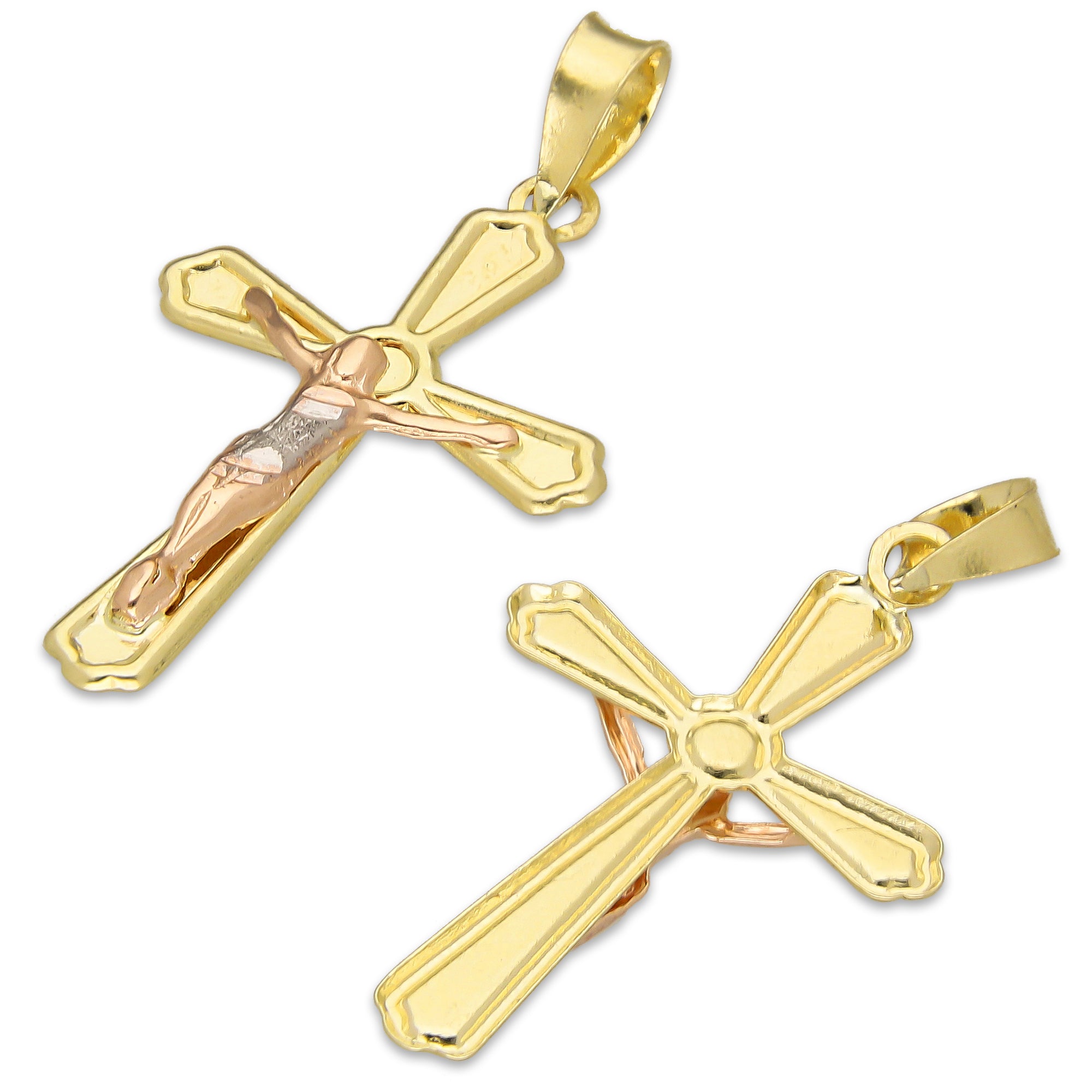 LPEDJ022 Dije Troquelado Oro Sólido 14K Florentino Crucifijo Slim Grande 2.1 cm x 3.1 cm