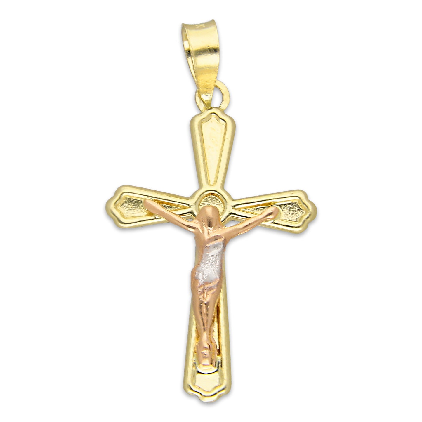 LPEDJ022 Dije Troquelado Oro Sólido 14K Florentino Crucifijo Slim Grande 2.1 cm x 3.1 cm