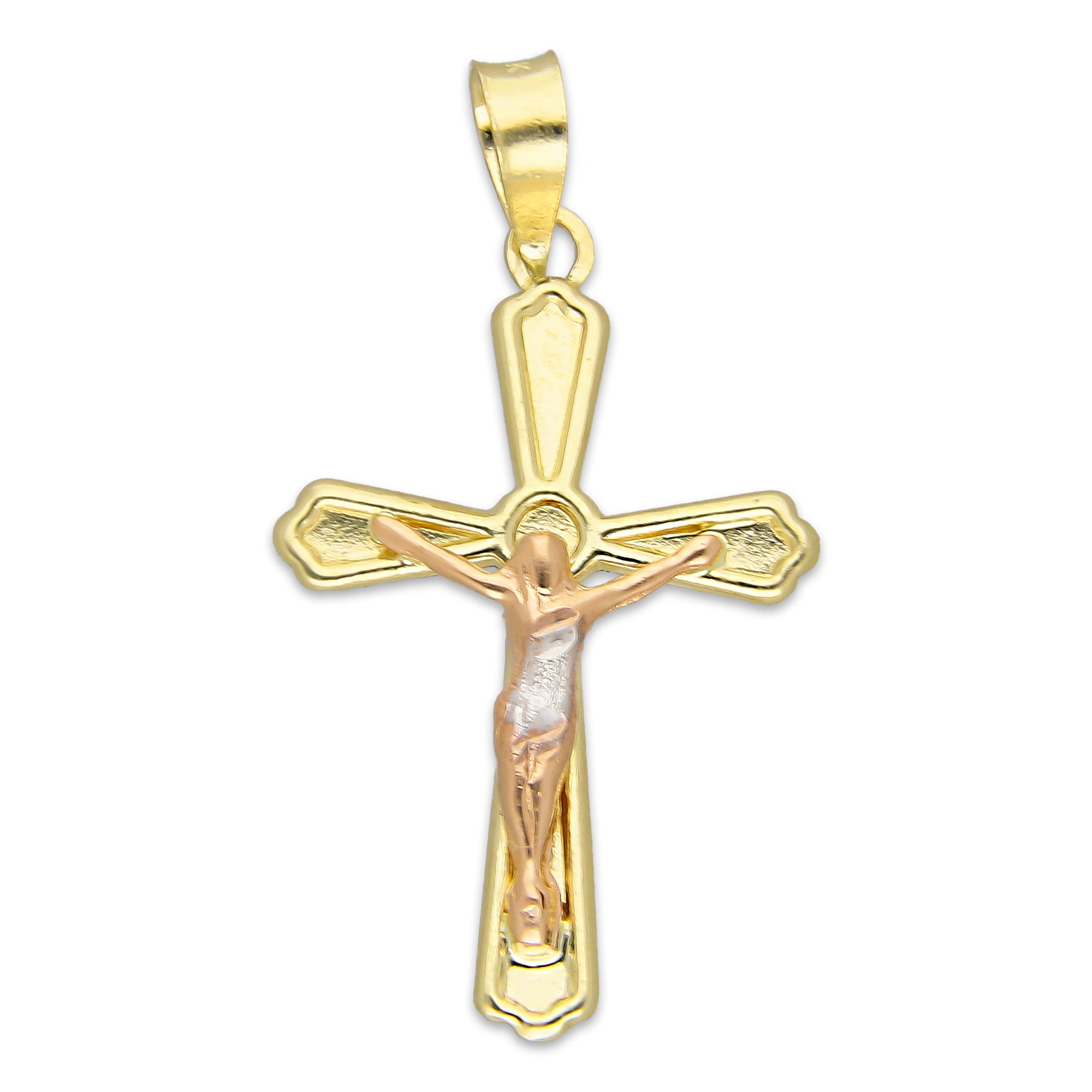 LPEDJ022 Dije Troquelado Oro Sólido 14K Florentino Crucifijo Slim Grande 2.1 cm x 3.1 cm