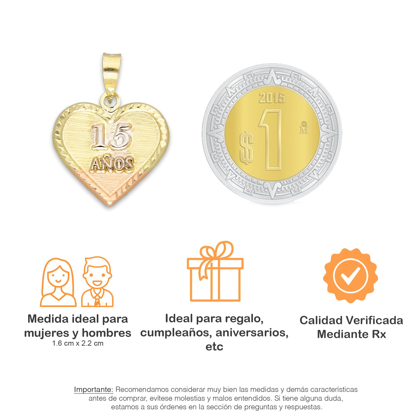 LPEDJ023 Dije Troquelado Oro Sólido 14K Florentino Corazón XV Años 1.6 cm x 2.2 cm