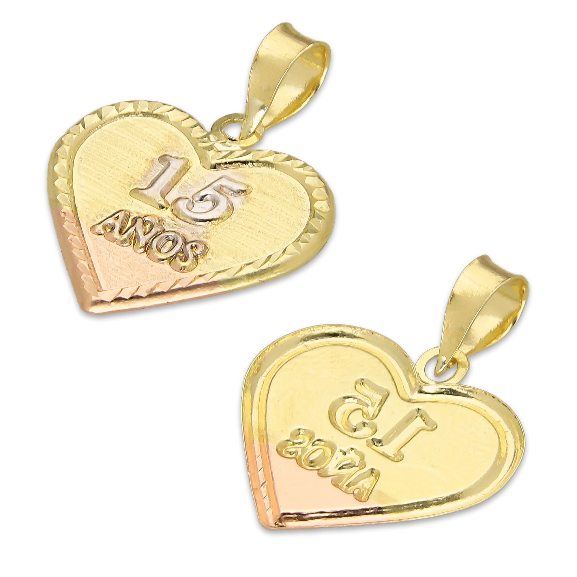 LPEDJ023 Dije Troquelado Oro Sólido 14K Florentino Corazón XV Años 1.6 cm x 2.2 cm