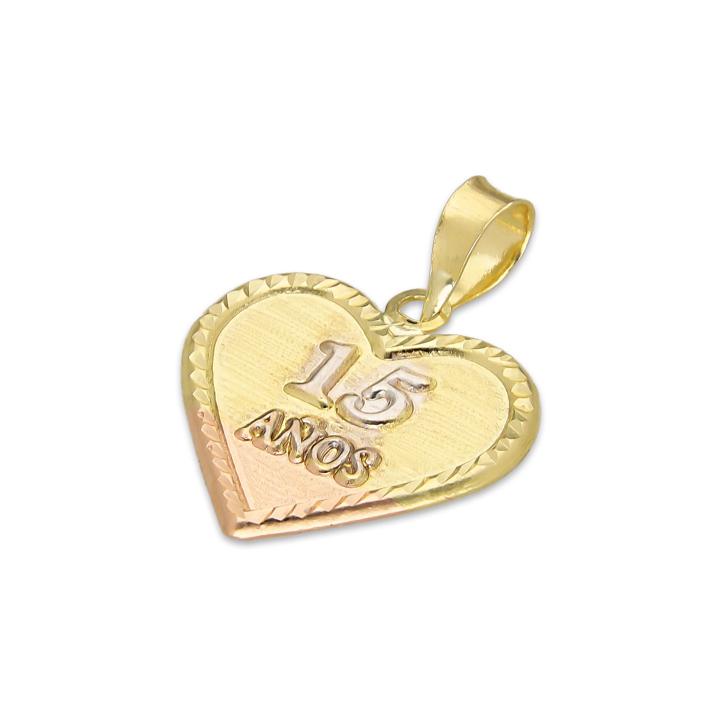 LPEDJ023 Dije Troquelado Oro Sólido 14K Florentino Corazón XV Años 1.6 cm x 2.2 cm